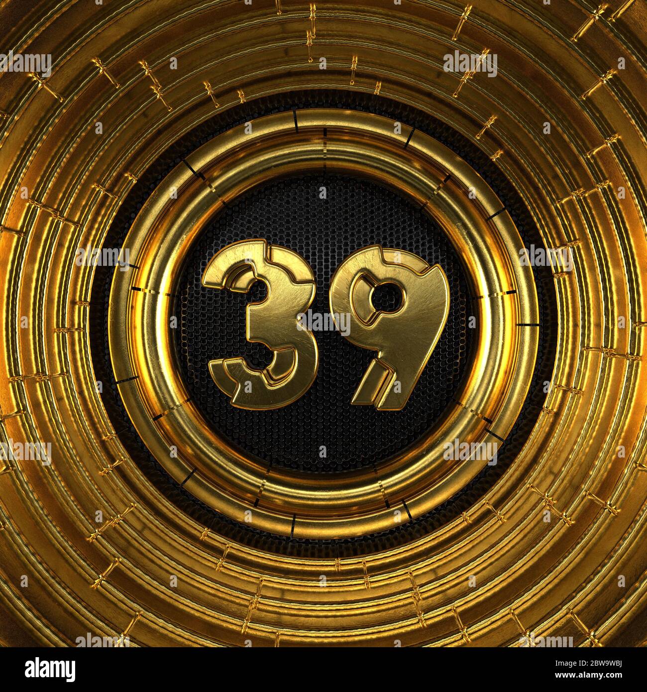 Gold number 39 (number thirty-nine) with perforated black metal background and gold rings around. 3D illustration Stock Photo