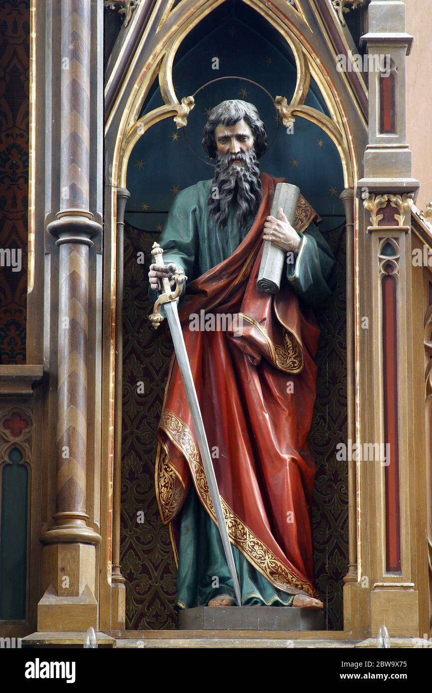 Saint Paul's statue on the main altar in the Parish Church of Saint Anthony of Padua in Bukevje, Croatia Stock Photo