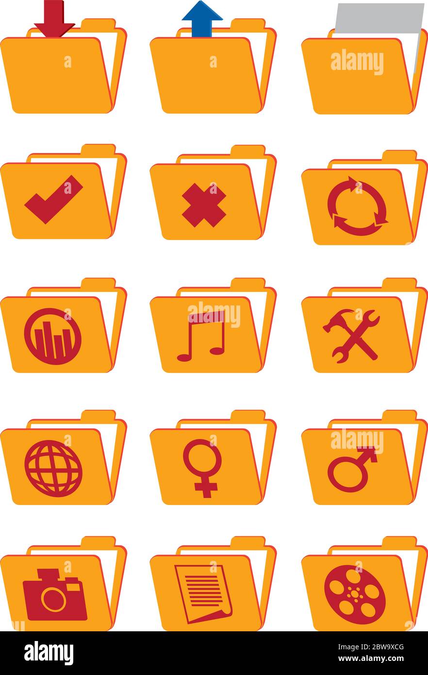Computer folder icons in orange color with various conceptual symbols. Vector icon set isolated on white background. Stock Vector