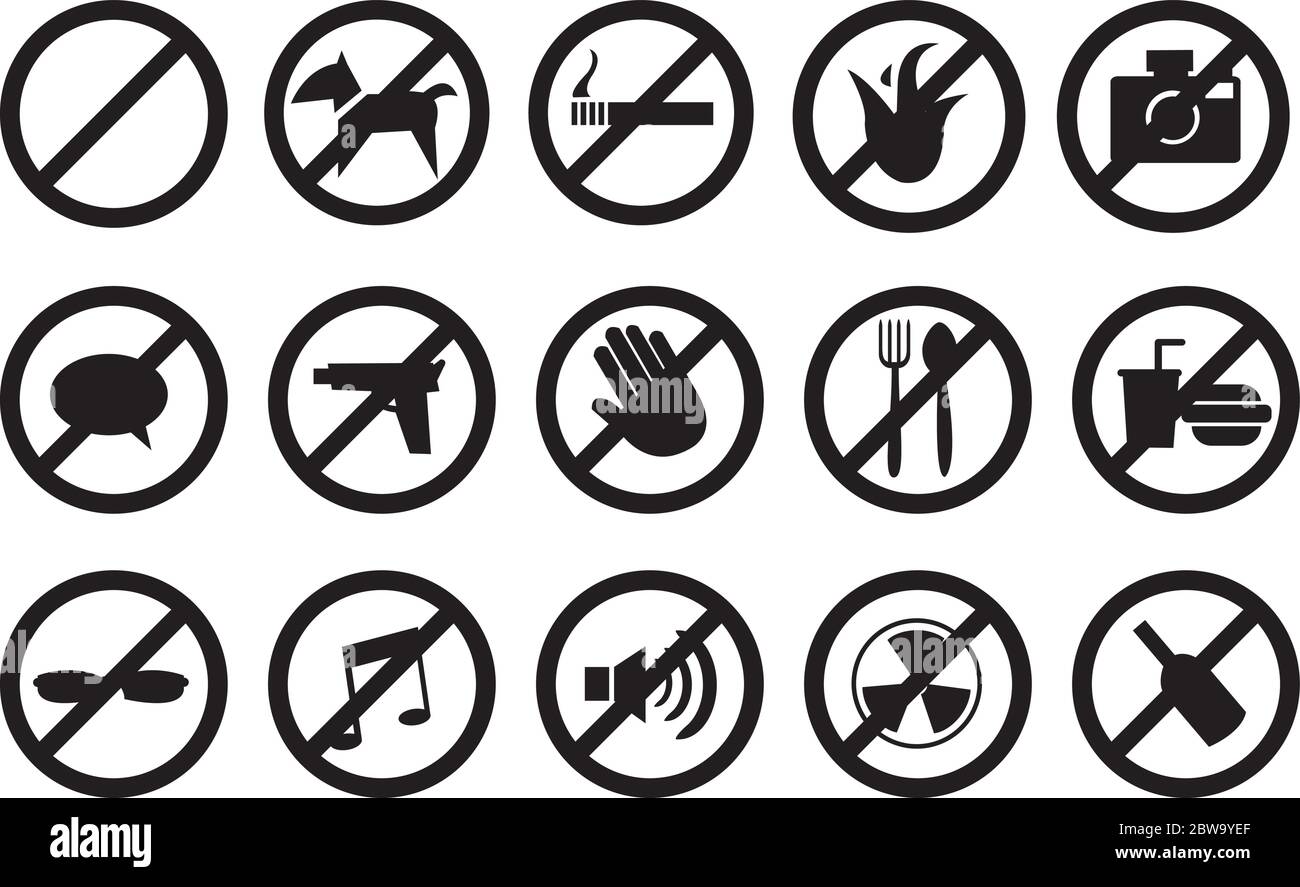Vector illustration of 'No' signs for different prohibited activities. Isolated on white background. Stock Vector