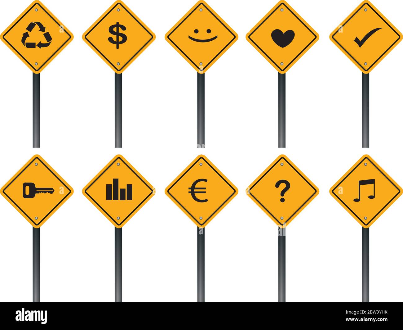 Vector illustration of yellow square road sign with different icon