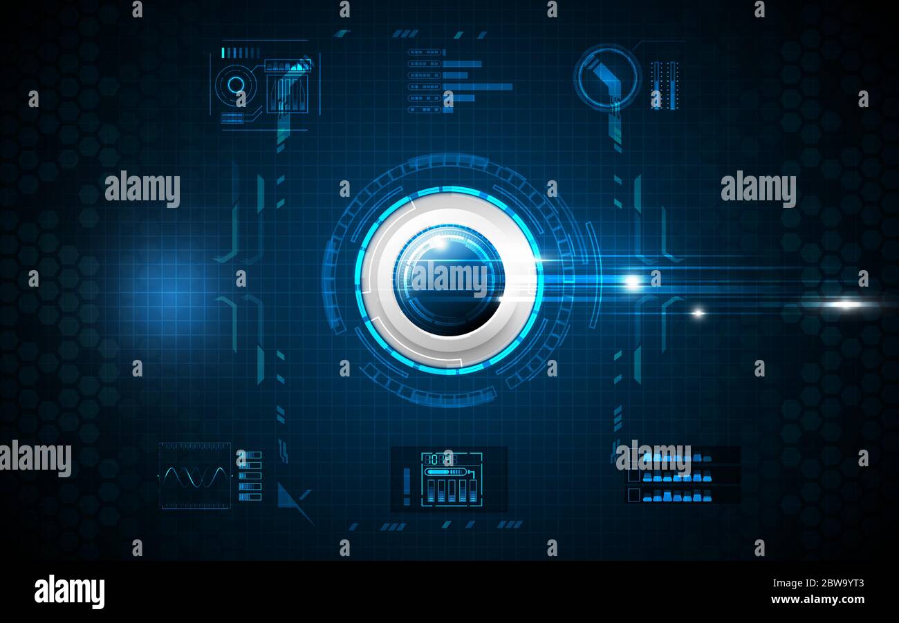 Realistic circle blue button on abstract technology background, digital communication network computer, futuristic energy science system Stock Vector