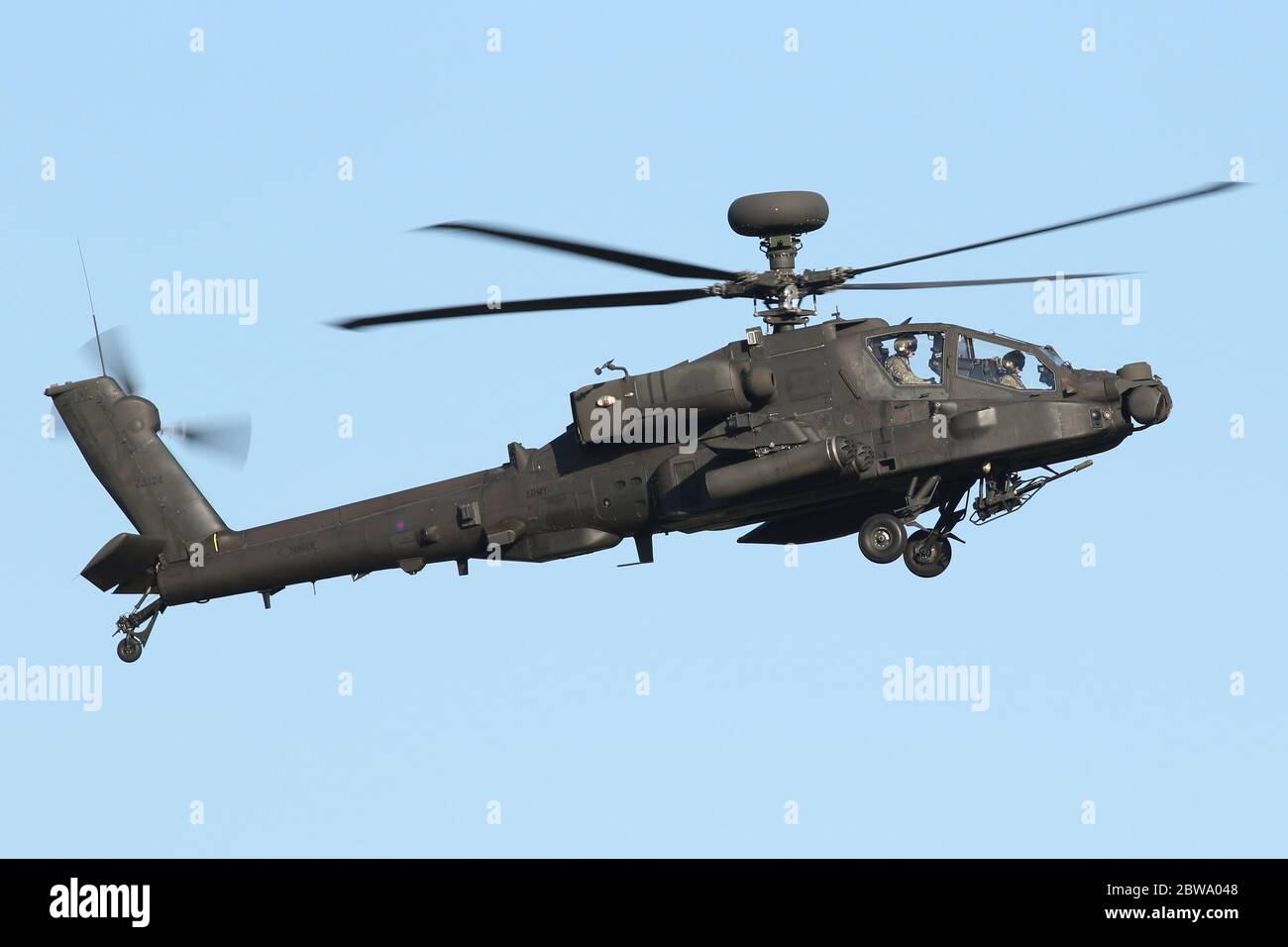 Army Air Corps Apache AH1 attack helicopter landing at Wattisham airfield in Suffolk. Stock Photo