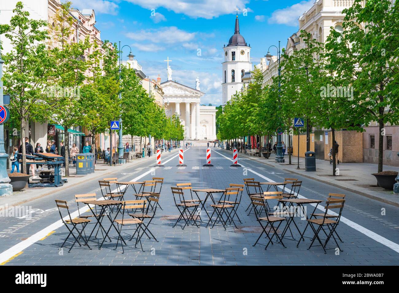 Outdoor bar and restaurant, Vilnius, Lithuania, Europe, to be turned into vast open-air cafe city, reopening after lockdown, empty outdoor tables Stock Photo