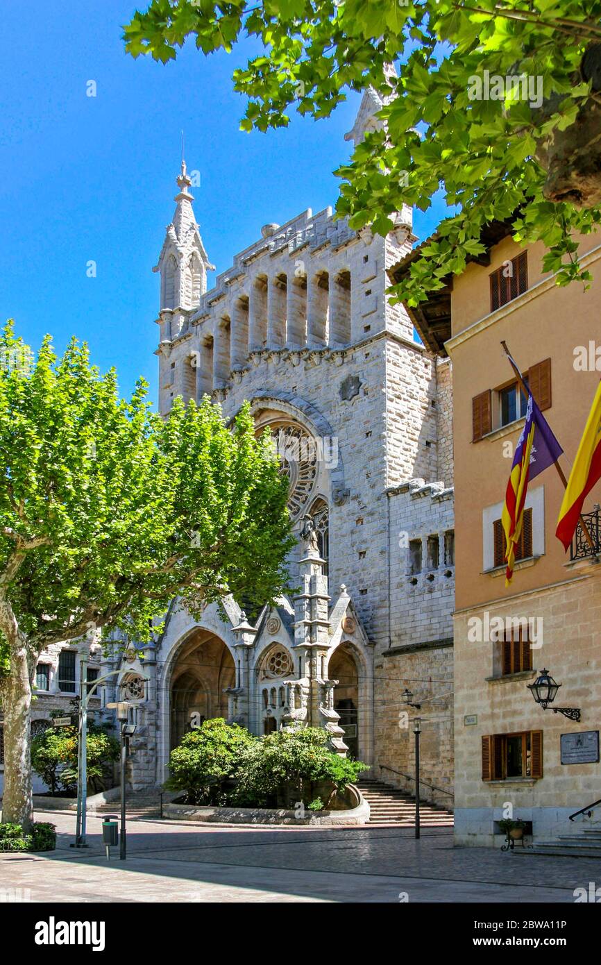 Church of Sant Bartomeu and Town Hall in Soller, Mallorca, Balearic Islands, Spain, Europe Stock Photo