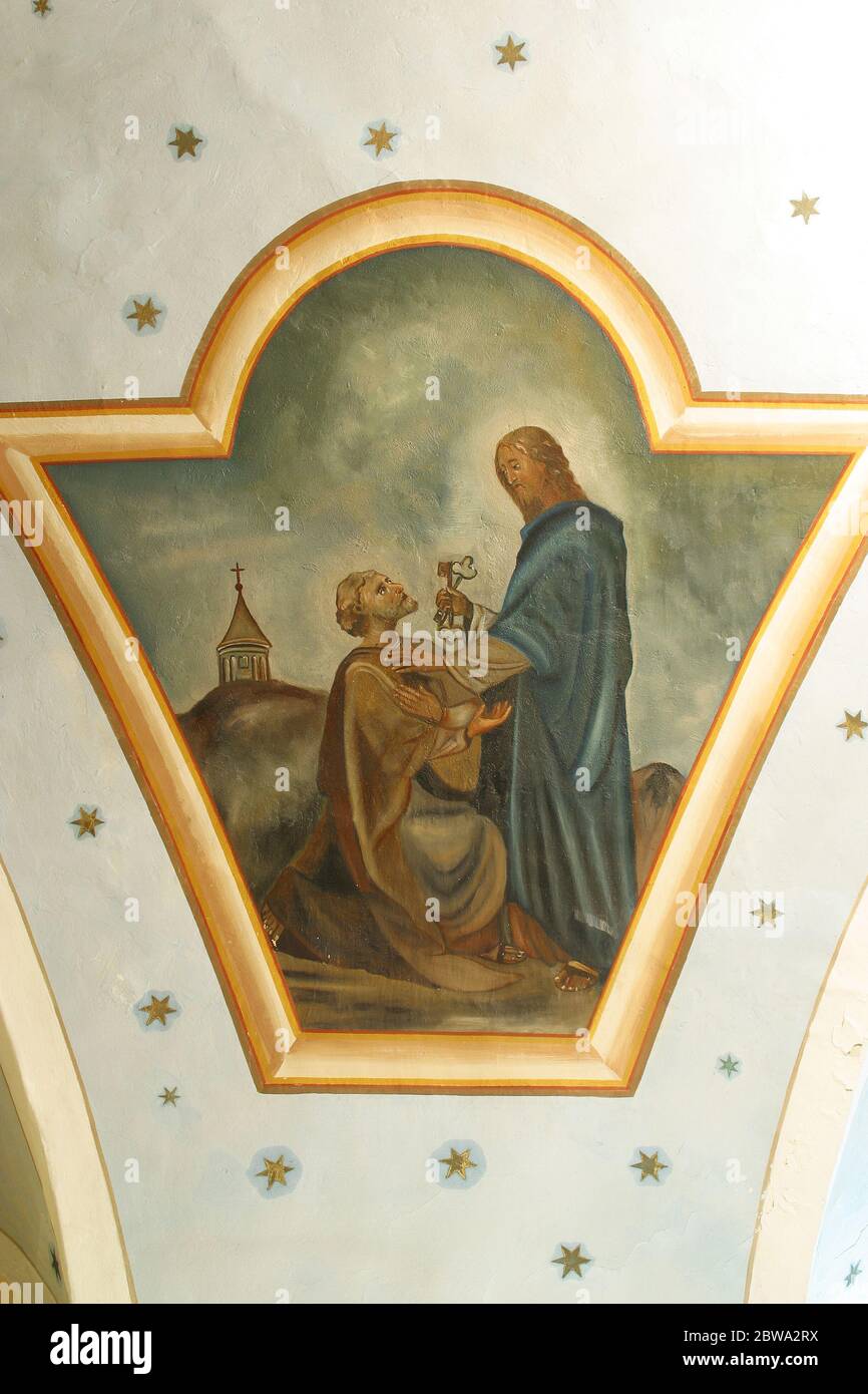 Christ Handing the Keys to St. Peter, a fresco at Saint Nicholas Parish Church in Donja Zelina, Croatia Stock Photo
