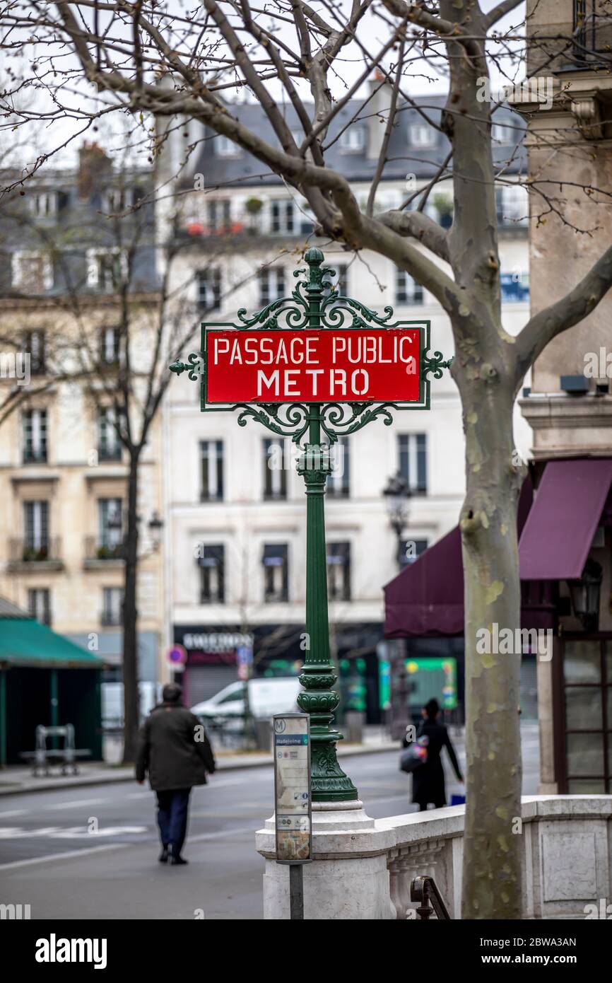 Paris, France - March 17, 2020: A Paris vintage passage public metro sign Stock Photo