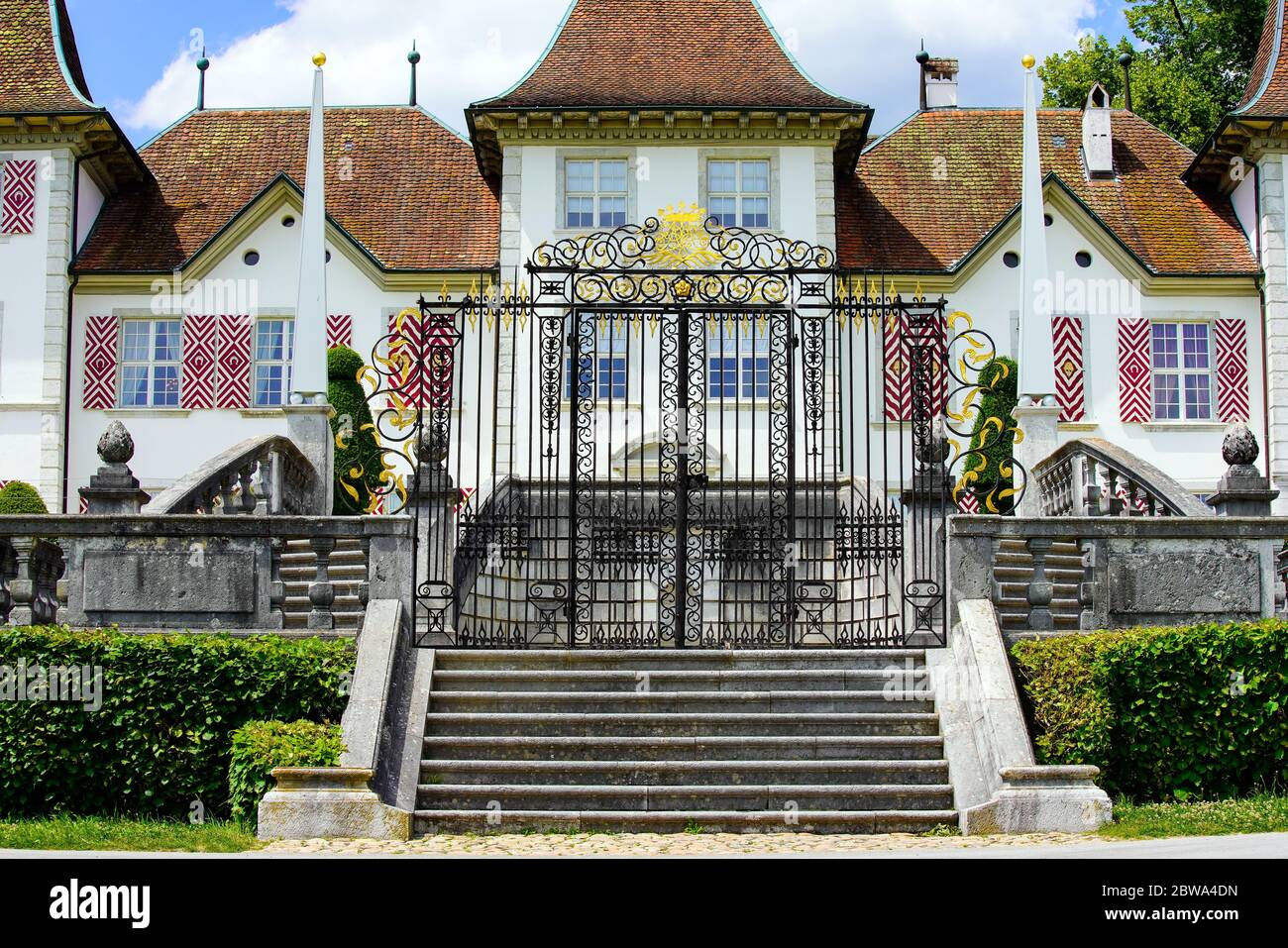 Front view of Waldegg Castle. French and Italian style elements mix with the strict architecture of a Solothurn. Solothurn canton, Switzerland. Stock Photo