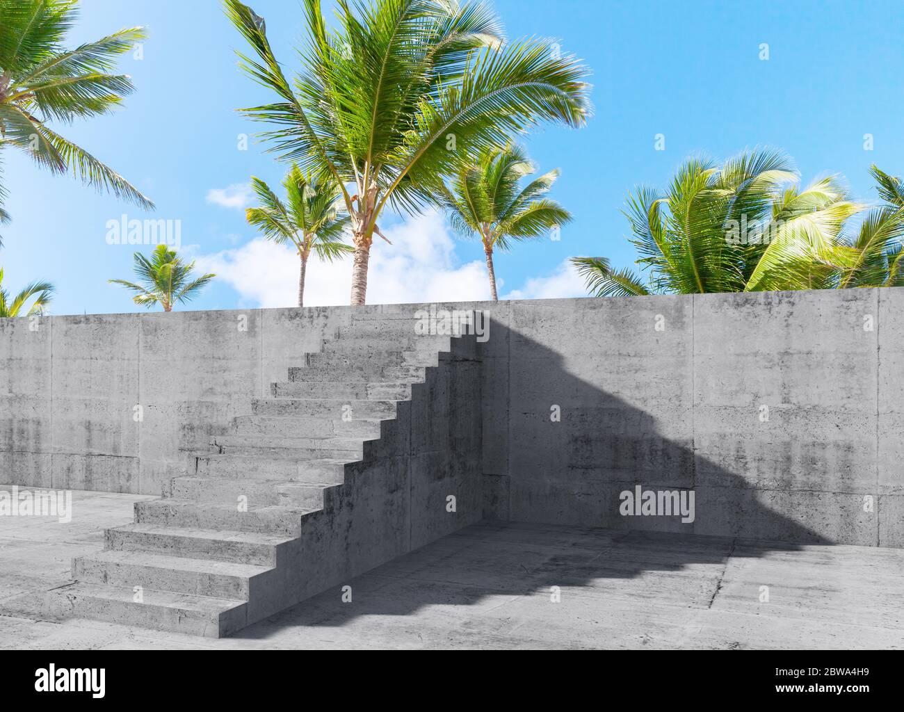 Concrete stairs goes up on the wall with palm trees behind, mixed media with 3d rendering illustration Stock Photo