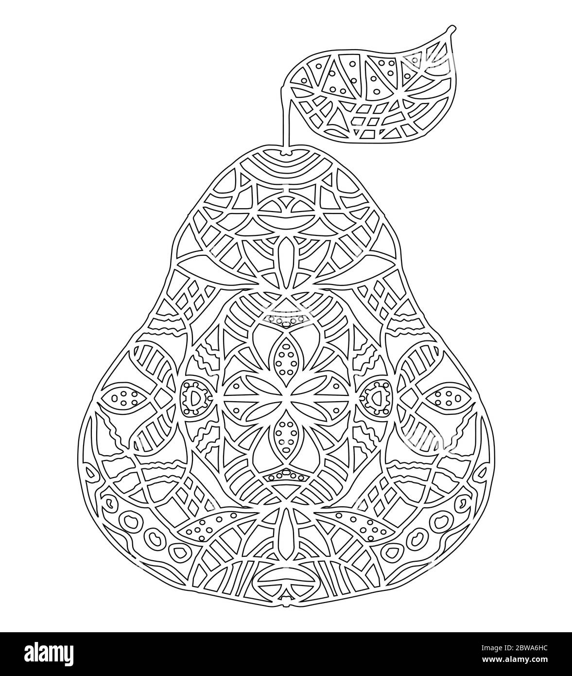 pear with a symmetric abstract pattern and a leaf with an abstract pattern coloring page Stock Vector