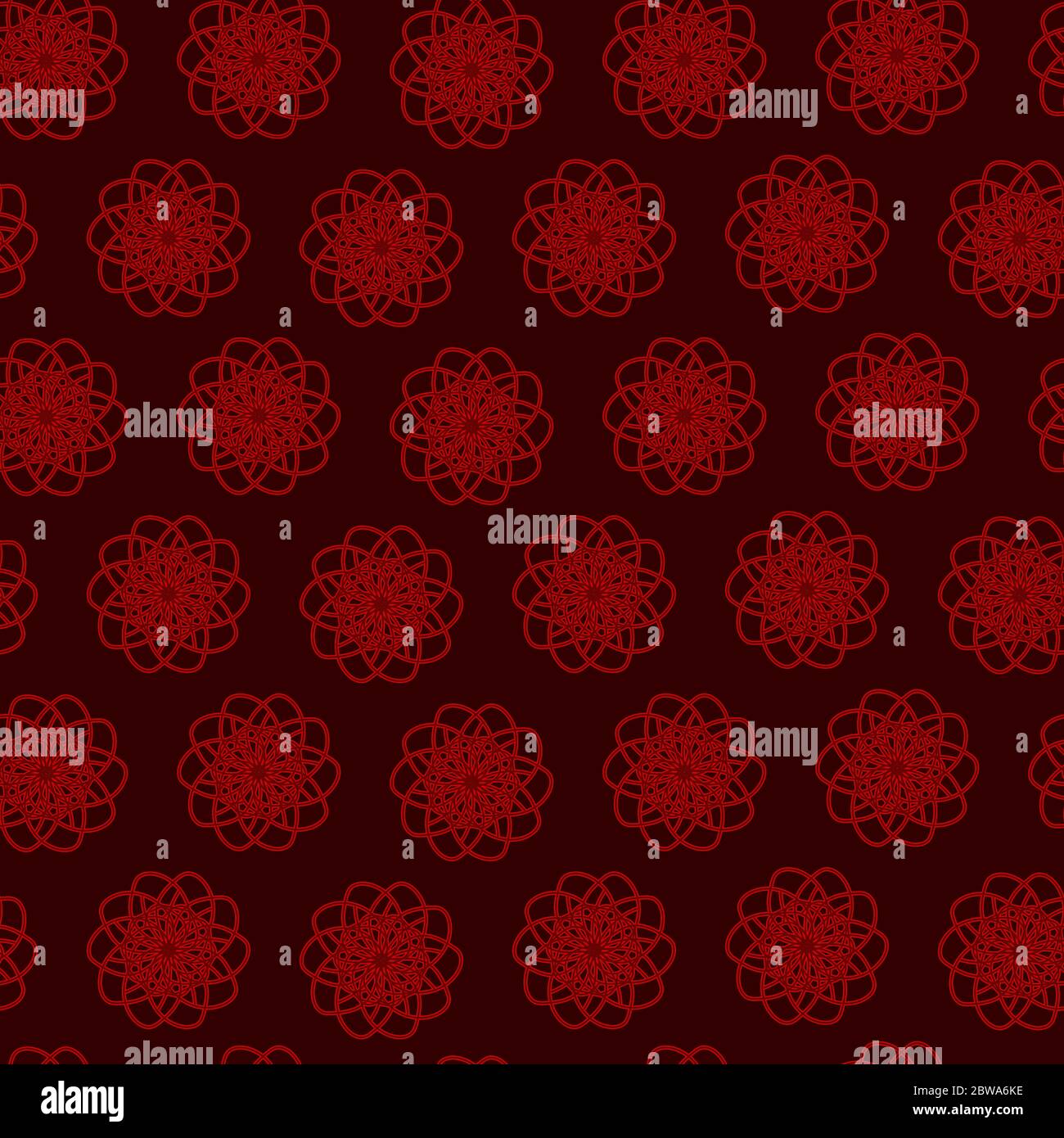 red abstract symmetric flowers seamless pattern on dark red background Stock Vector
