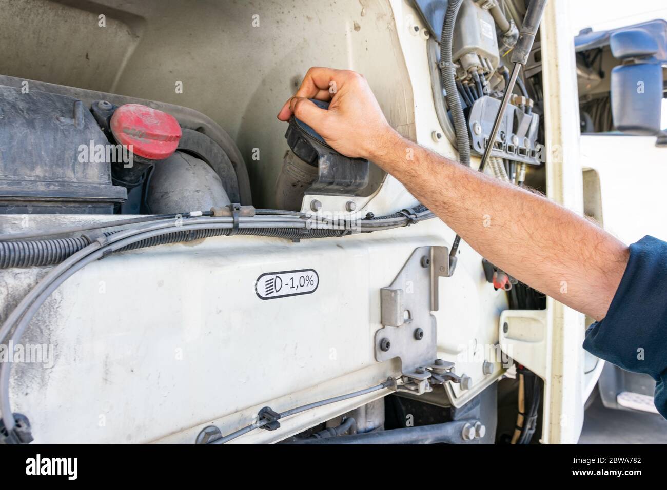 Truck driver in tasks to check vehicle levels Stock Photo Alamy