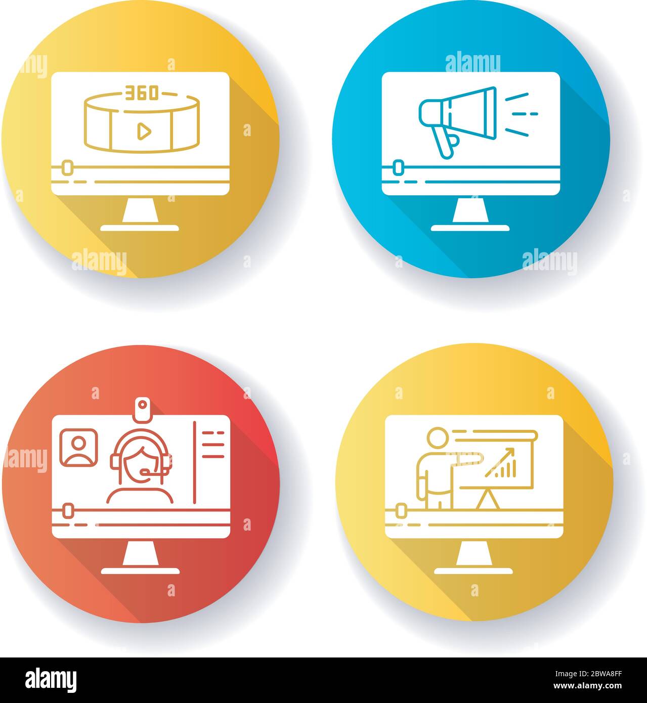 Internet video flat design long shadow glyph icons set Stock Vector