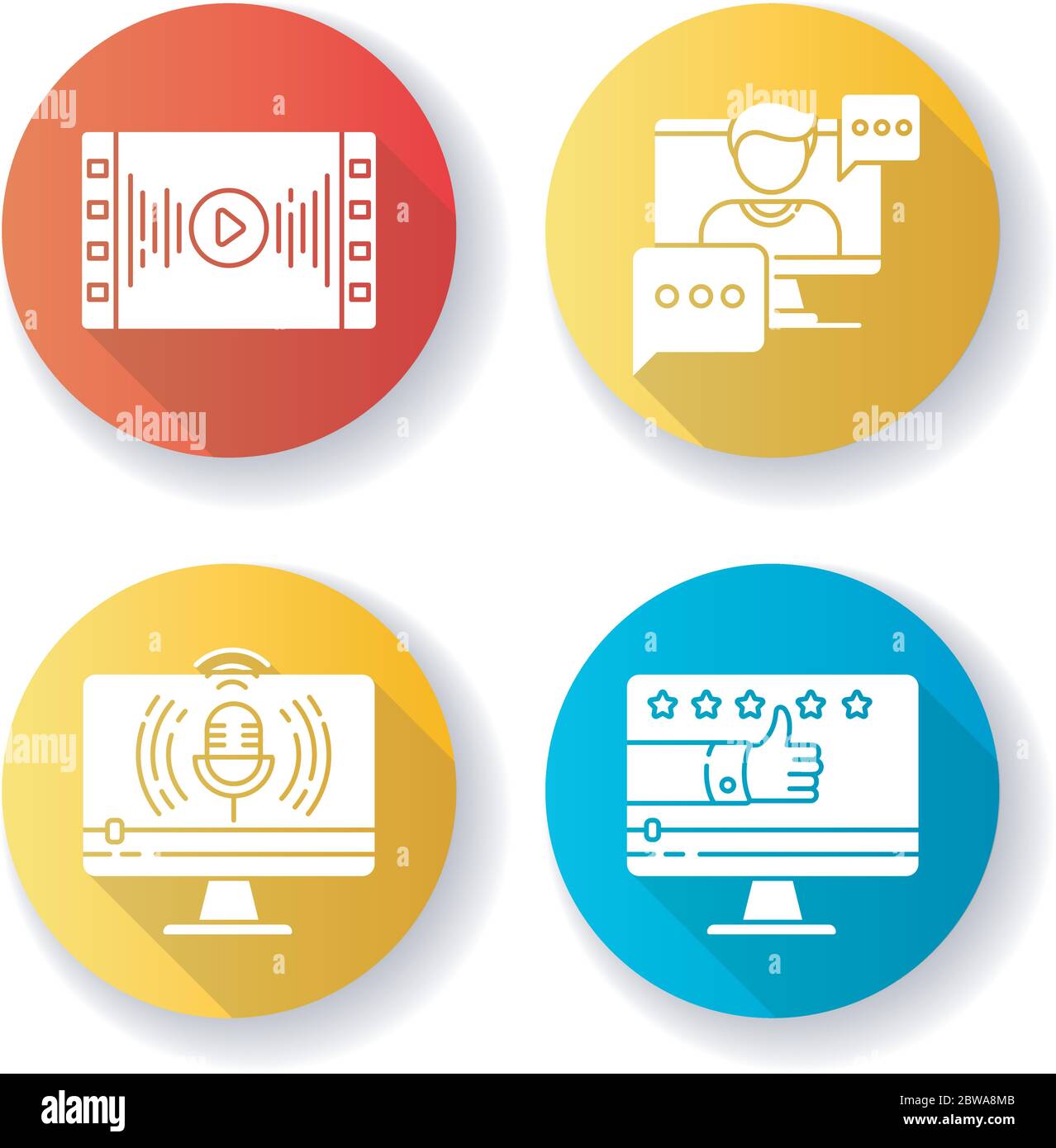 Videography flat design long shadow glyph icons set Stock Vector
