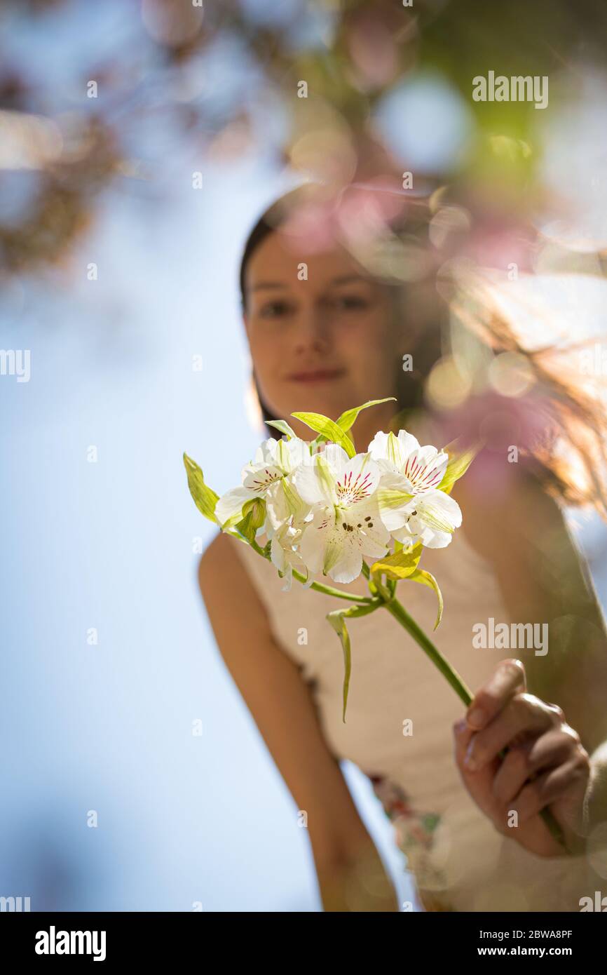 Young girl in summer dress extending her arm towards viewer holding a white flower. Face covered partially. Royalty free stock photo. Stock Photo