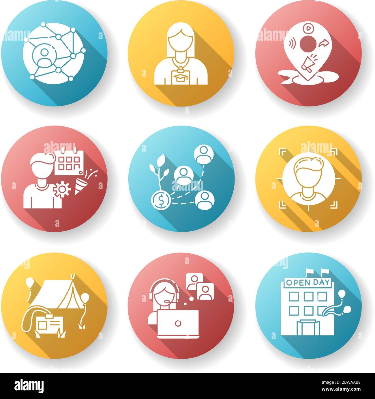 Networking flat design long shadow glyph icons set Stock Vector