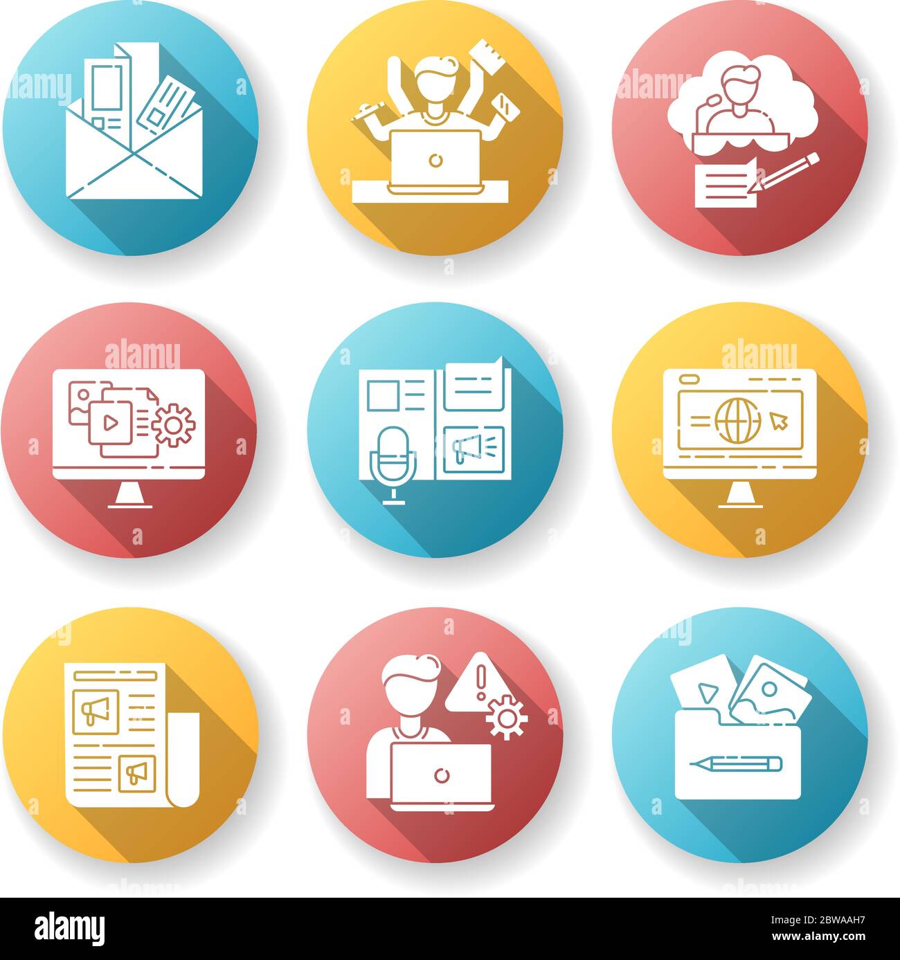Blogging flat design long shadow glyph icons set Stock Vector