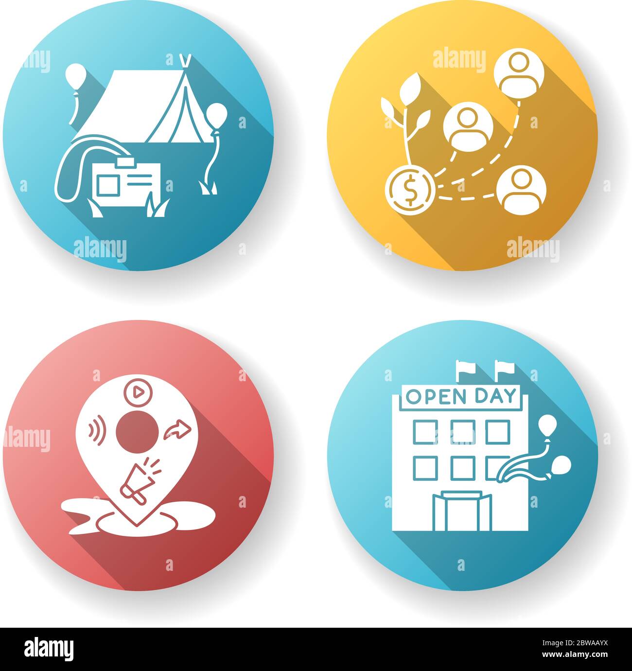 Event organization flat design long shadow glyph icons set Stock Vector