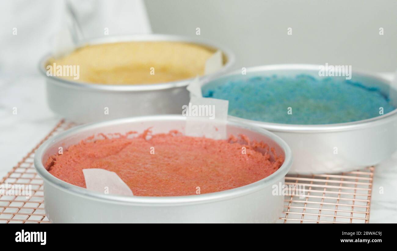 Step by step. Removing freshly baked cake layers from the cake pan to