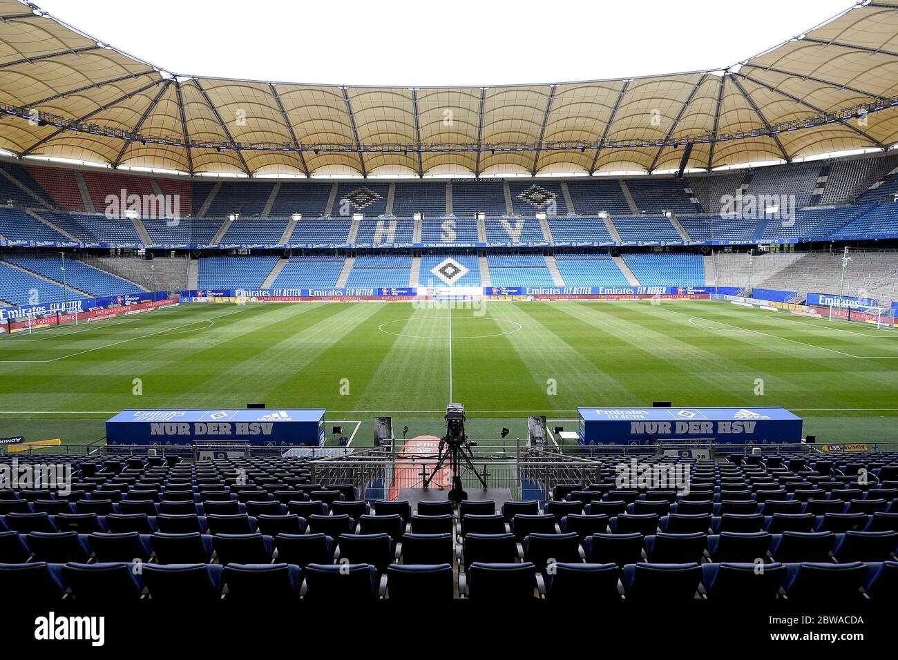 Karlsruhe, Germany. 31st May, 2020. 2nd Bundesliga football, 29th day of play, Hamburger SV - SV Wehen Wiesbaden in the Volksparkstadion. View into the empty stadium before the game starts. Credit: Stuart Franklin/Getty Images Europe/Pool/dpa - IMPORTANT NOTE: In accordance with the regulations of the DFL Deutsche Fußball Liga and the DFB Deutscher Fußball-Bund, it is prohibited to exploit or have exploited in the stadium and/or from the game taken photographs in the form of sequence images and/or video-like photo series./dpa/Alamy Live News Stock Photo