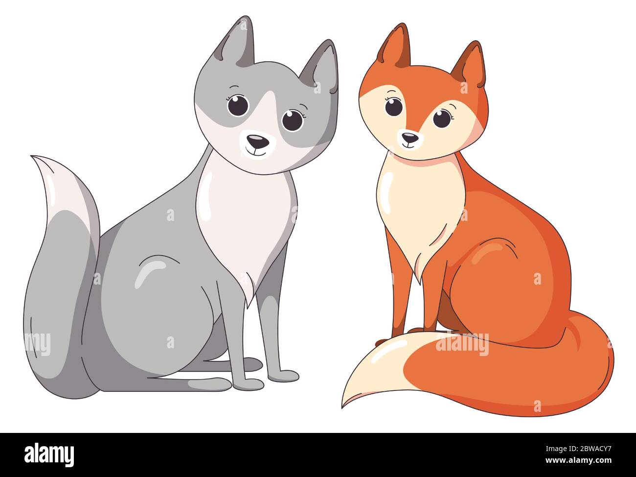 Fox and wolf sitting together. Forest predators. Vector illustration in cute cartoon style Stock Vector