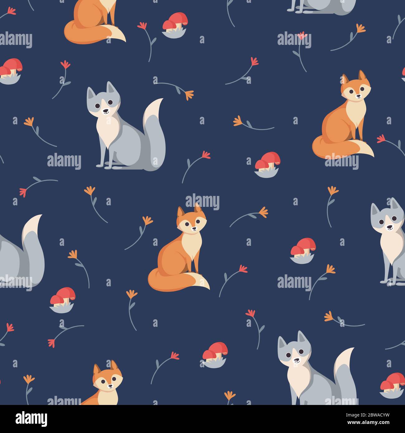 Animal seamless pattern. Fox and wolf on blue background with flowers and mushrooms. Pattern for textile, fabric and paper. Vector illustration in Stock Vector