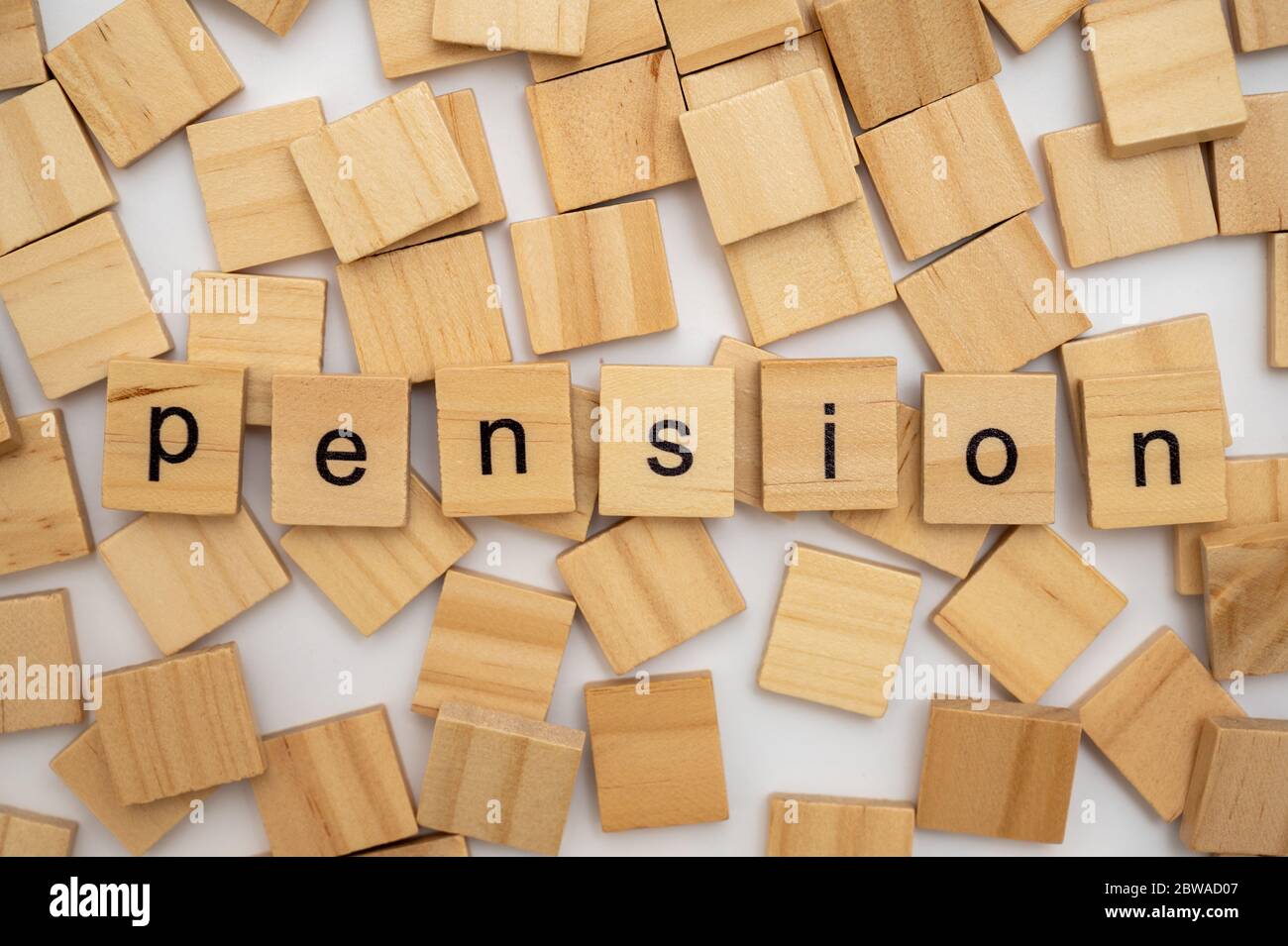 Wooden letter tiles spelling the word PENSION Stock Photo