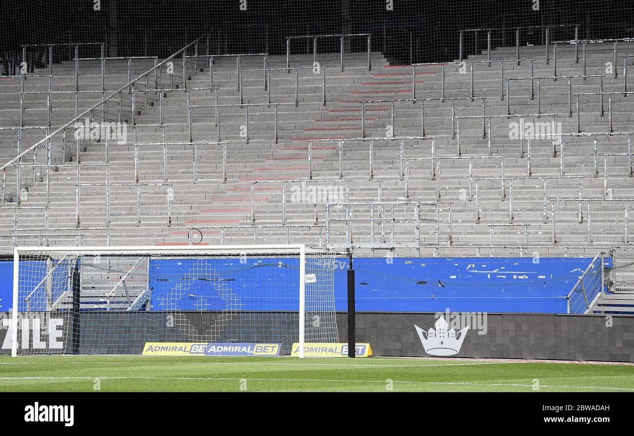 Karlsruhe, Germany. 31st May, 2020. 2nd Bundesliga football, 29th day of play, Hamburger SV - SV Wehen Wiesbaden in the Volksparkstadion. View of the empty stands and the goal before the start of the game. Credit: Stuart Franklin/Getty Images Europe/Pool/dpa - IMPORTANT NOTE: In accordance with the regulations of the DFL Deutsche Fußball Liga and the DFB Deutscher Fußball-Bund, it is prohibited to exploit or have exploited in the stadium and/or from the game taken photographs in the form of sequence images and/or video-like photo series./dpa/Alamy Live News Stock Photo