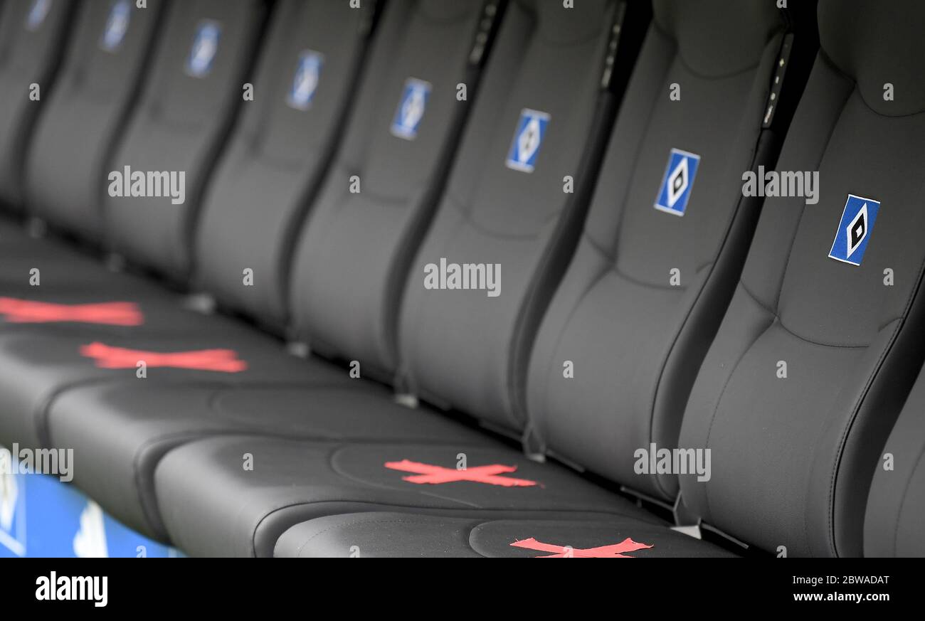 Karlsruhe, Germany. 31st May, 2020. Football 2nd Bundesliga, 29th matchday, Hamburger SV - SV Wehen Wiesbaden in the Volksparkstadion. Some seats on the bench of Hamburger SV are closed due to the distance rules during the Corona pandemic. Credit: Stuart Franklin/Getty Images Europe/Pool/dpa - IMPORTANT NOTE: In accordance with the regulations of the DFL Deutsche Fußball Liga and the DFB Deutscher Fußball-Bund, it is prohibited to exploit or have exploited in the stadium and/or from the game taken photographs in the form of sequence images and/or video-like photo series./dpa/Alamy Live News Stock Photo