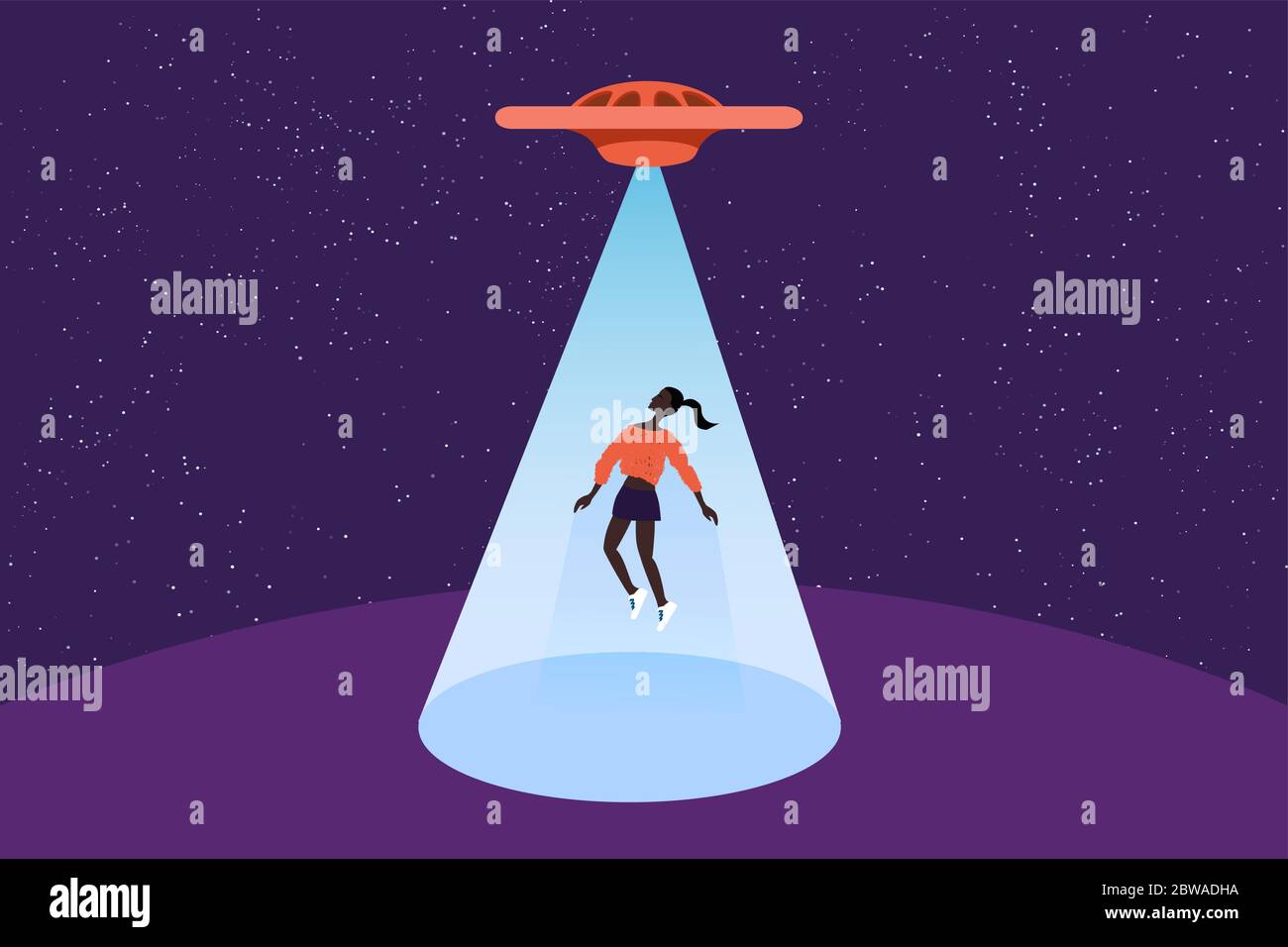 UFO and teleport beam. UFO kidnaps a person, vector. The woman was stolen by aliens. Mysticism and anomalous phenomena Stock Vector