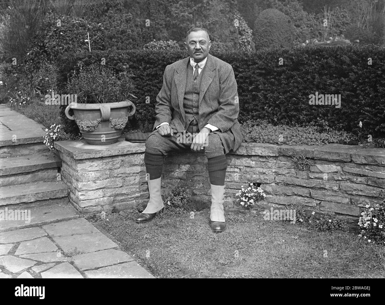 The Maharaj of Nawanagar ( Ranjitsinjhi ) At his home in Staines , Middlesex . 31 March 1923 Ranjitsinhji Vibhaji, Maharaja Jam Sahib of Nawanagar GCSI, GBE (10 September 1872 - 2 April 1933) (known as K.S. Ranjitsinhji, Ranji or Smith during his career) was an Indian prince and Test cricketer who played for the English cricket team. He also played first-class cricket for Cambridge University, and county cricket for Sussex. Legendary batsman Stock Photo