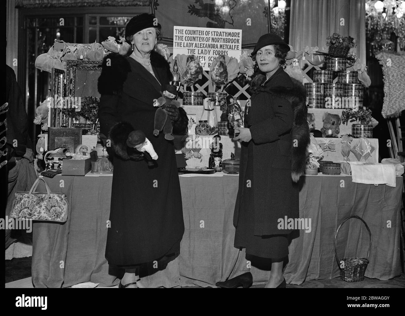 Pictured at the Scottish bazaar held at the Dorchester Hotel , London , in aid of the Waifs and Strays Society ; the Countess of Northbrook and Lady Rose Leveson - Gower . Stock Photo