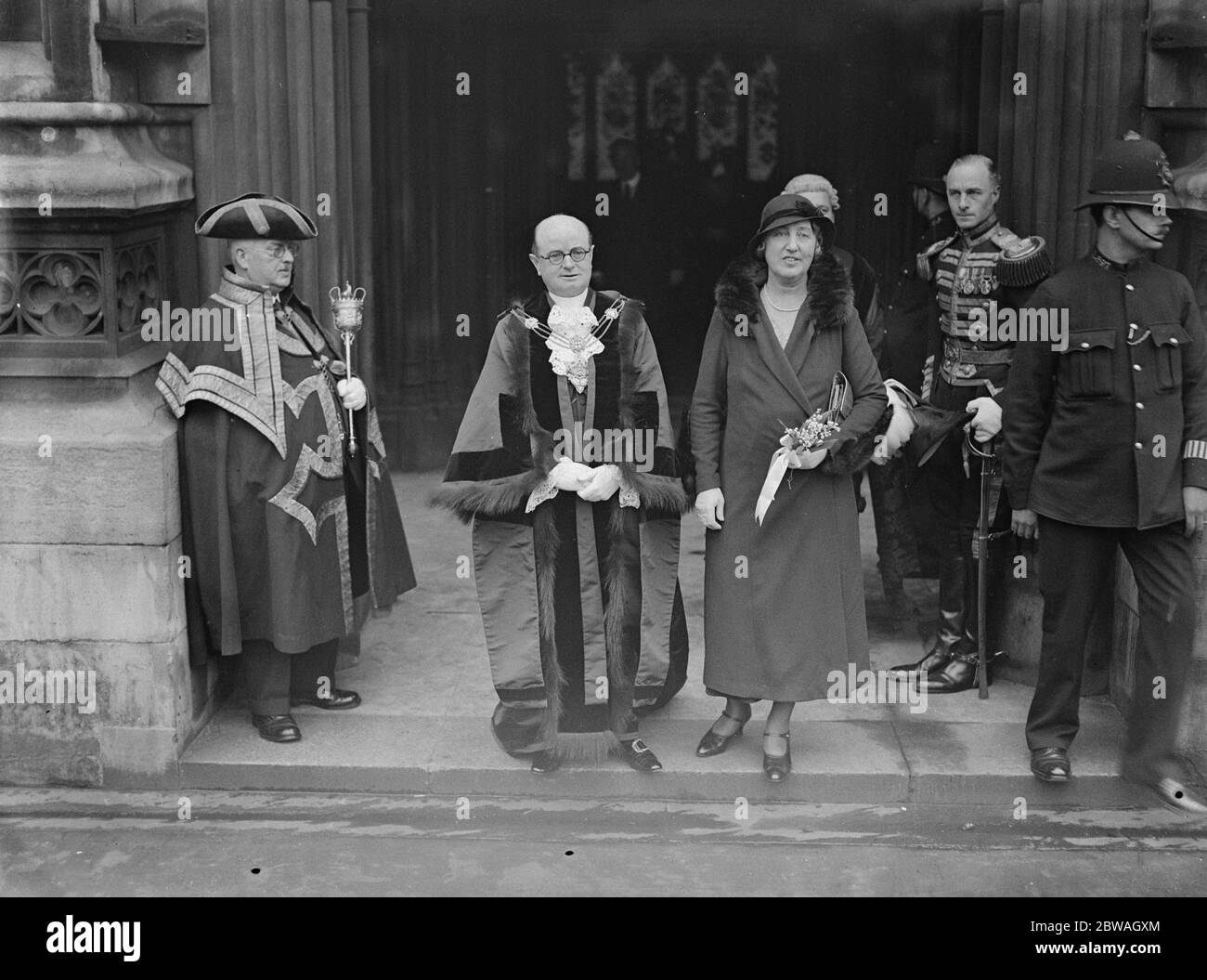 The New Lord Mayor and Lady Mayoress of London at the House of Lords Sir Percy and Lady Greenaway and the City Marshal 12 October 1932 Stock Photo