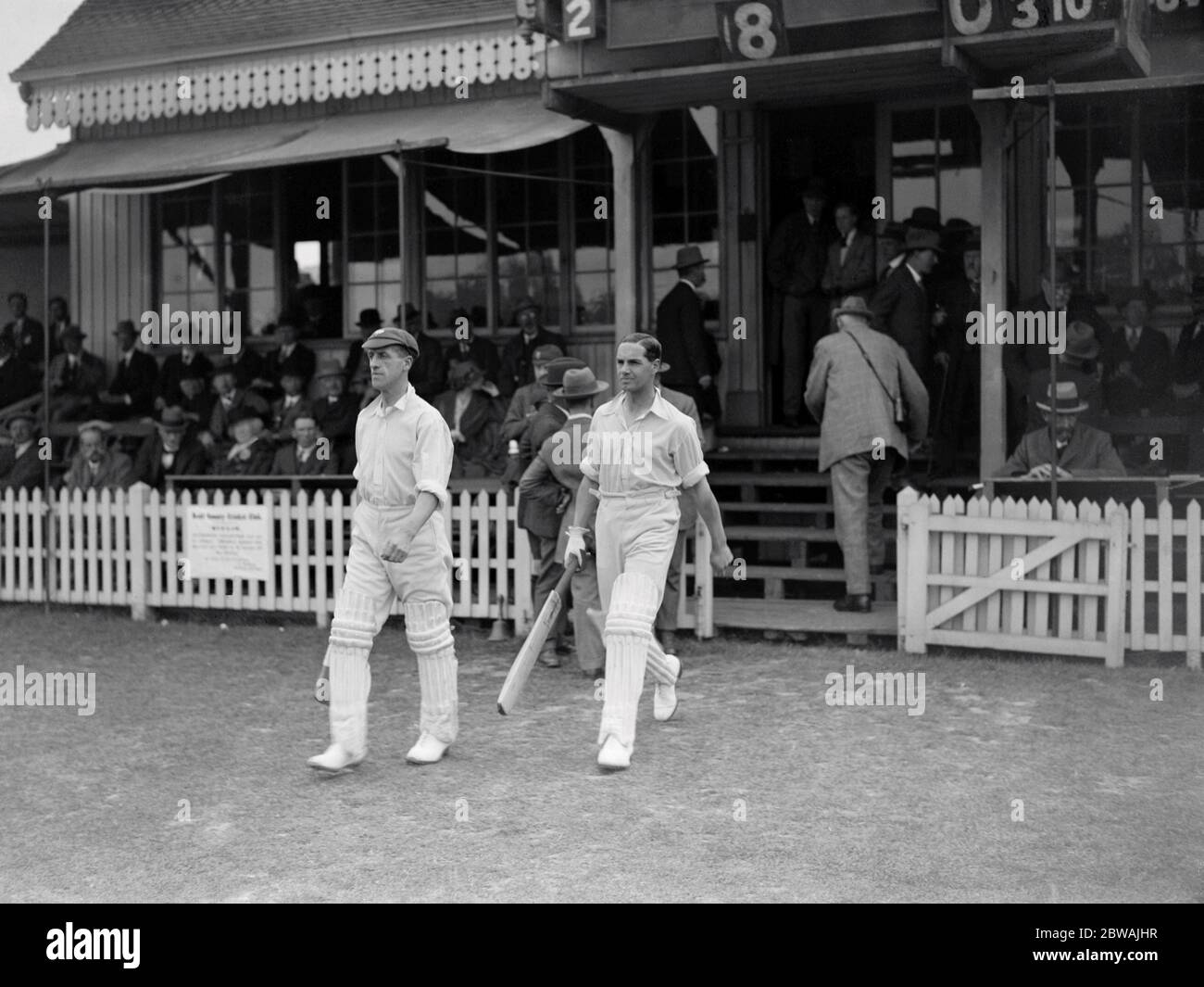 Cricket at Tonbridge , Kent versus Yorkshire Herbert Sutcliffe and Percy Holmes going out to open in Yorkshire second innings 21 June 1923 Stock Photo