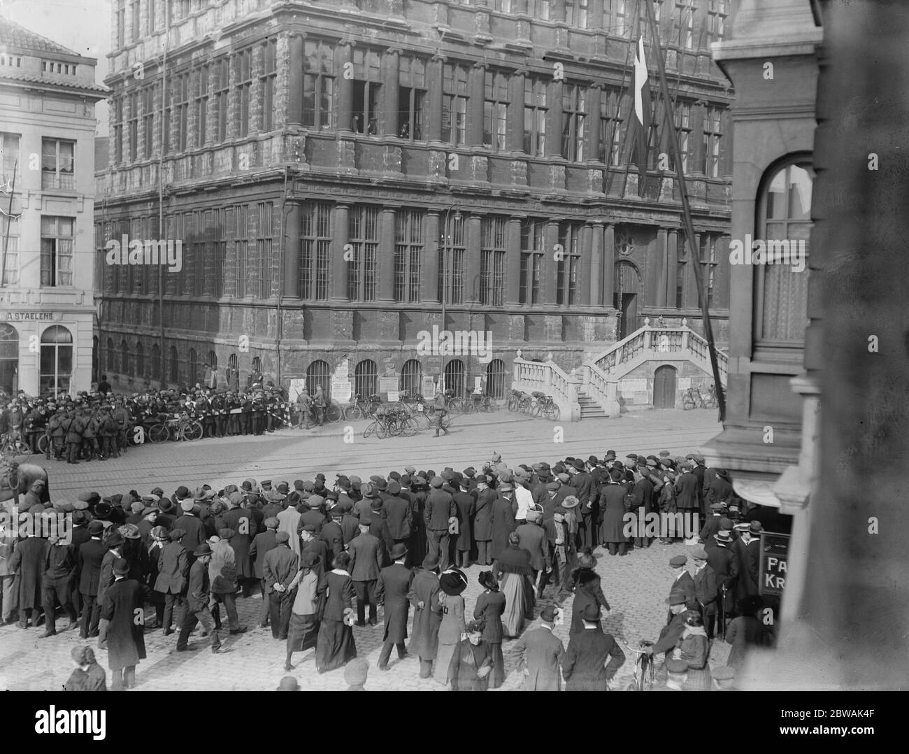 Ghent located in the Flemish region of Belgium occupied by the Germans . The German flag flying over the Hotel de Ville 13 October 1914 Stock Photo