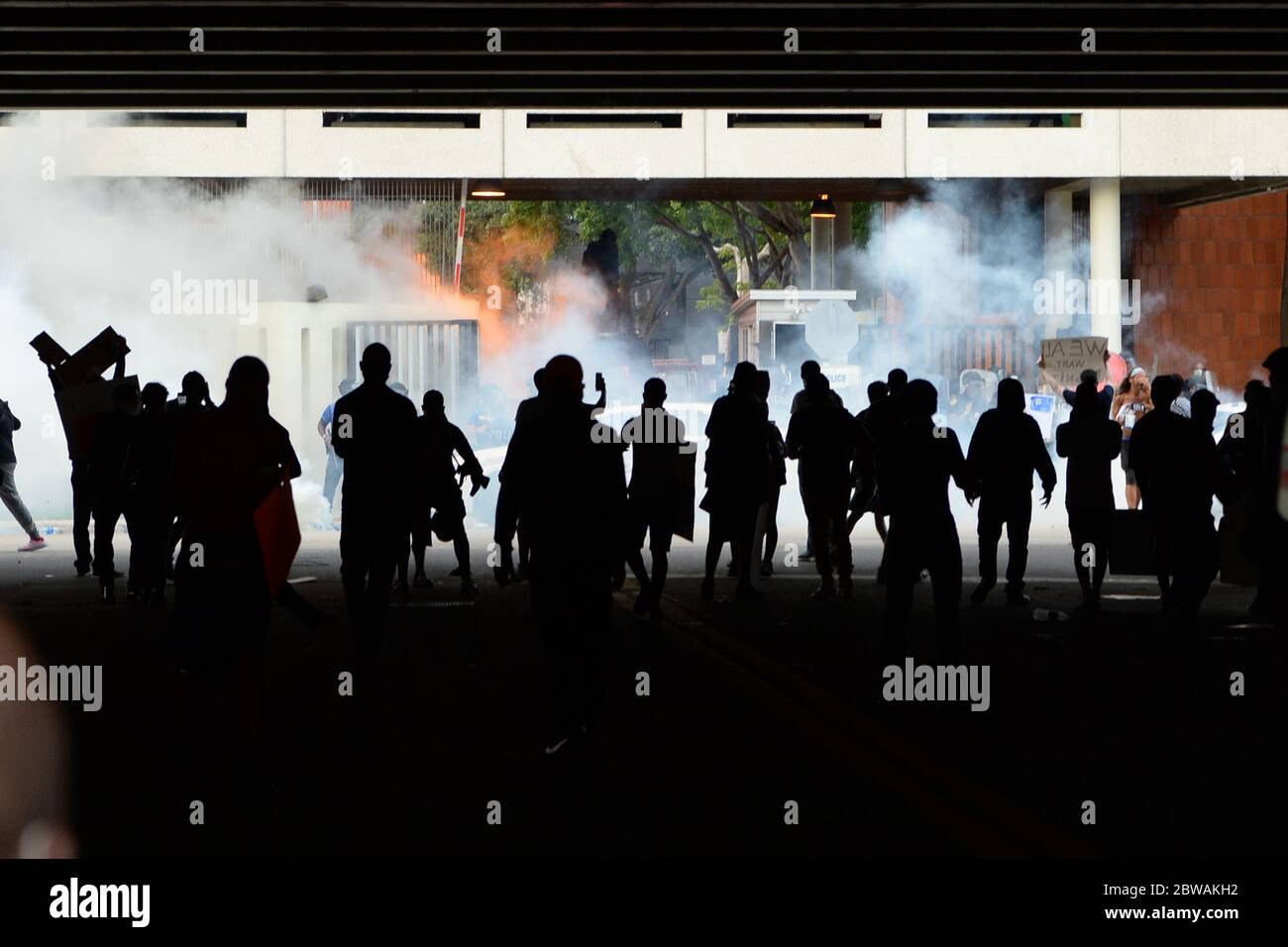 Miami, FL, USA. 30th May, 2020. Protestors are seen engaging with Miami ...