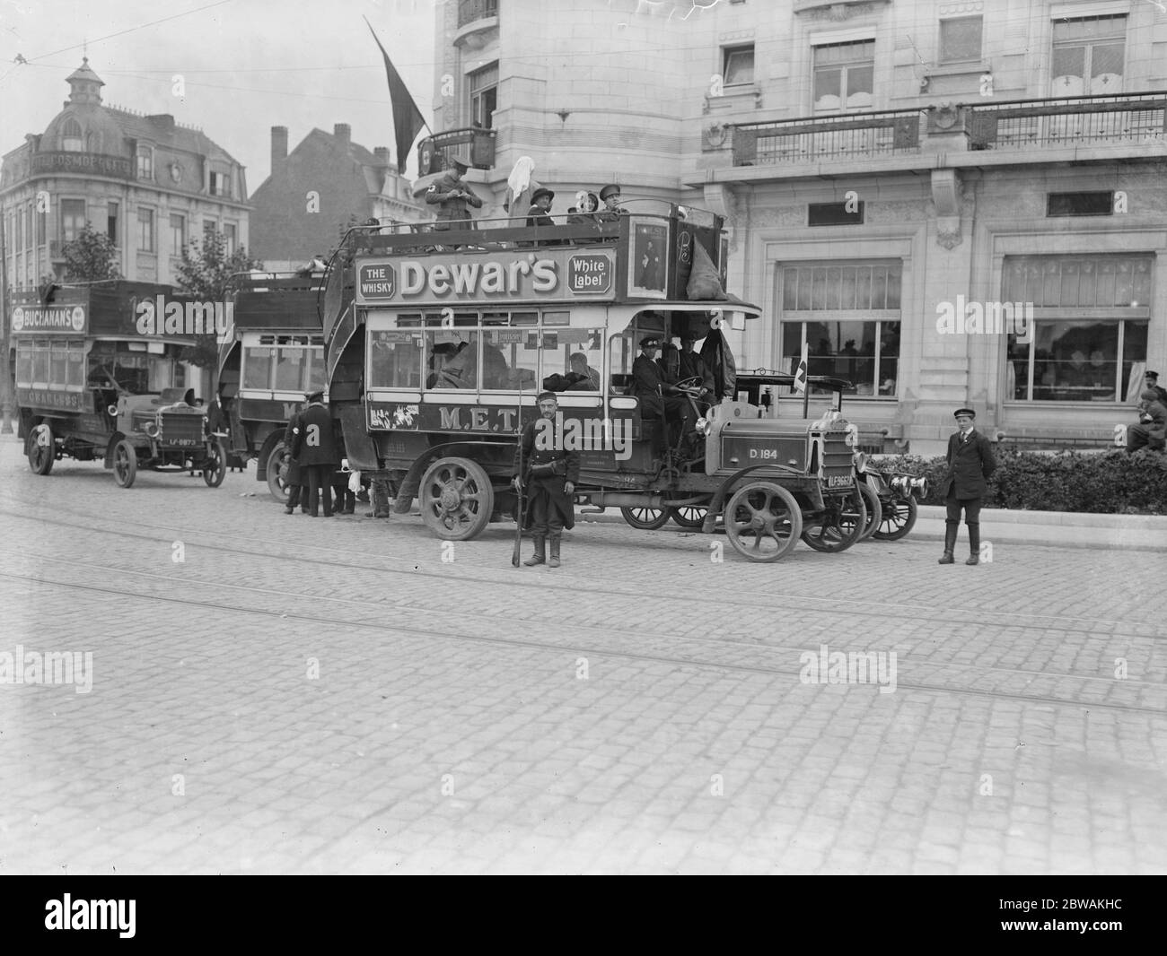 London motor buses in Belgium London buses were used to carry troops across Belgium and France during WW1 Stock Photo