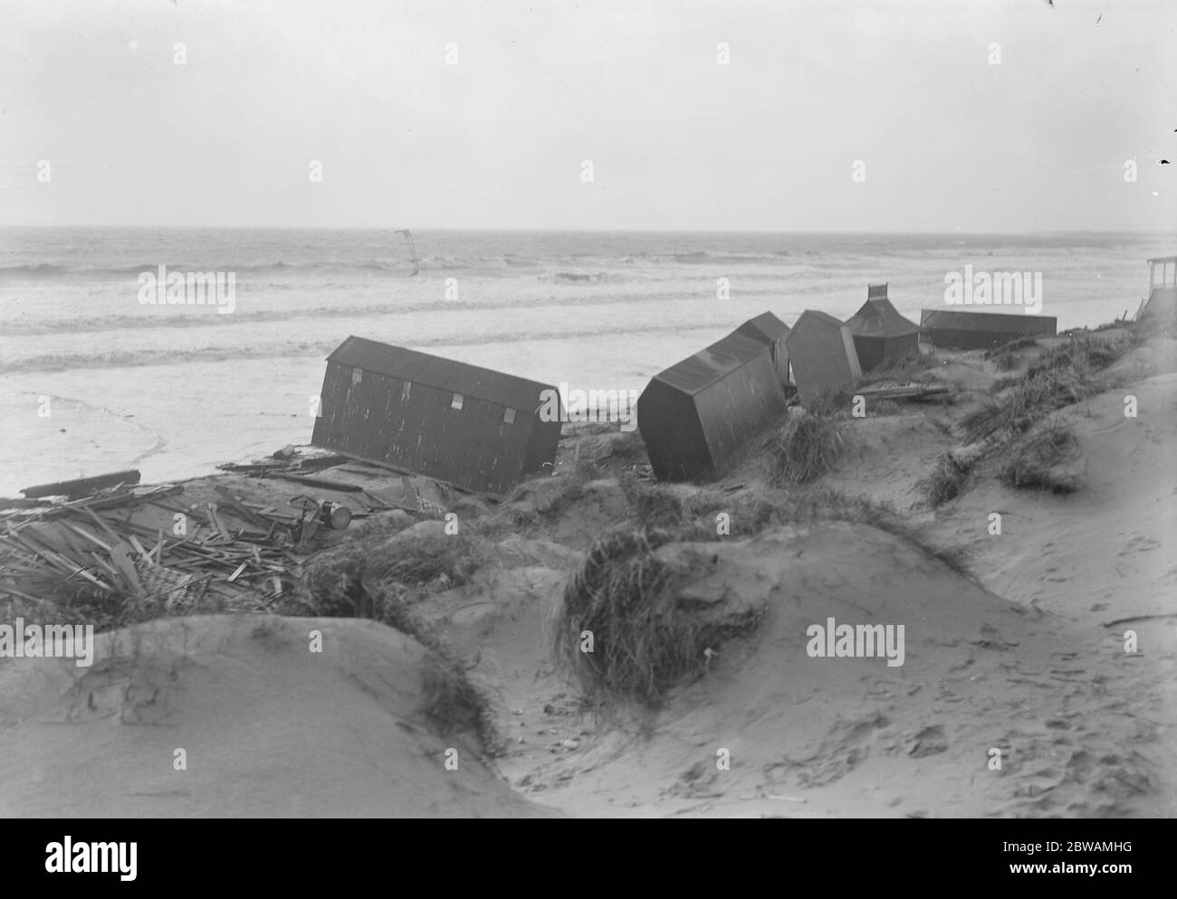 The wreckage of bathing huts at Littlehampton after the Great Storm . 1925 Stock Photo