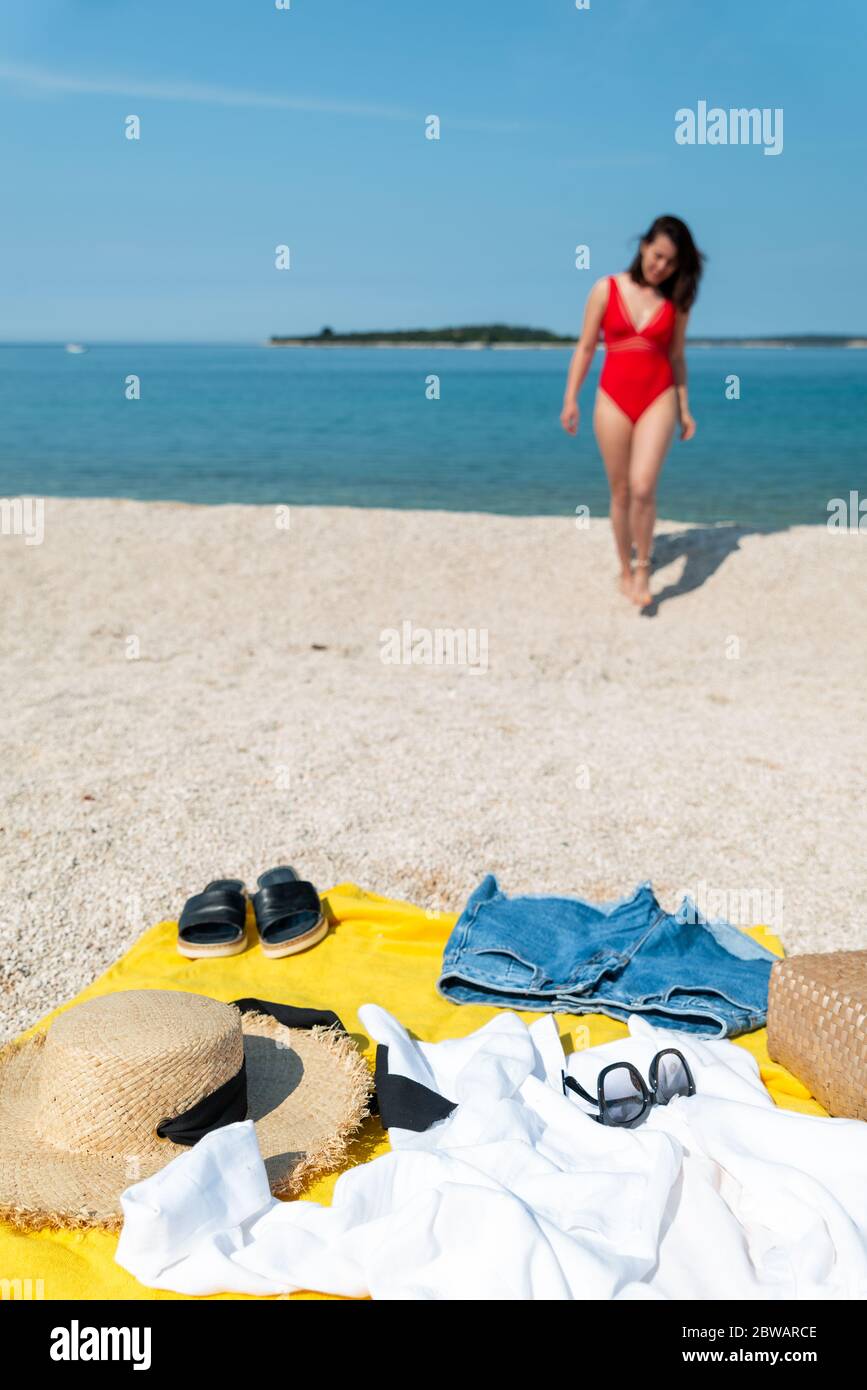 Women in red swimsuit hi-res stock photography and images - Alamy