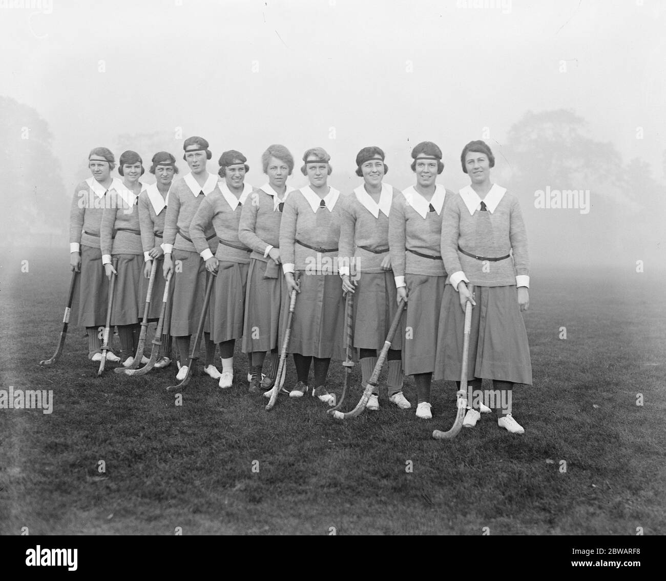 1920 - The first American women's field hockey team The All-Philadelphia team competed internationally. Their application to the 1920 Olympics in Antwerp was denied, but they played in an English tournament and lost both games Photo shows the America ' s lady ' s hockey players first match in England . 4 November 1920 Stock Photo