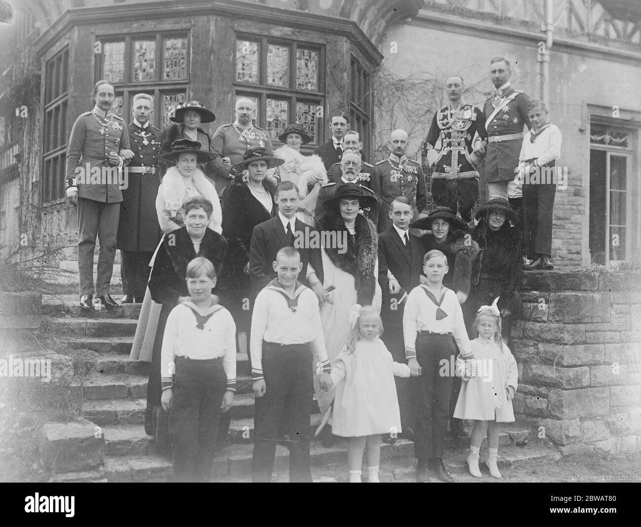 Hohenzollern still quite at home in Germany A remarkable picture of the Ex Crown Princes two war babies which also shows how nearly all the members of the family have aged or grown up since 1912 when last they were photographed all together Left to right first row Prince Alexander of Prussia ( only child of Prince August Wilhelm the Kaiser 's fourth son ) Prince Hubertue ( Ex Crown Prince Third son ) Princess Alexandrine of Prussia ( The Crowns Prince War baby born 1915 ) The Ex Hereditary Grand Duke of Hecklenburg Schwerin Princess Cecille of Prussia ( Ex Crown Prince ' s younger war baby bor Stock Photo