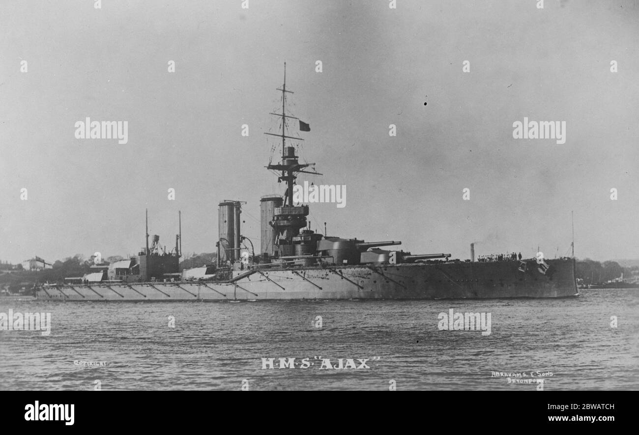 HMS Ajax was the last of the four ships of the King George V-class battleships to be laid down . She was decommisioned as part of the Washington Naval Treaty Stock Photo