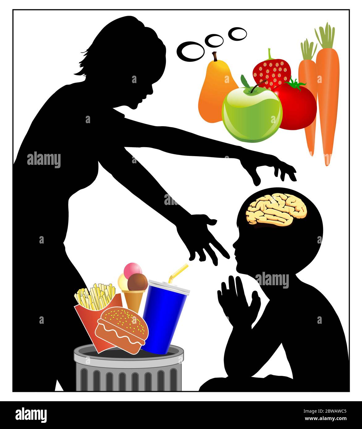 Mother trying mind control in order to switch her child from junk to health food, to fruits and vegetables instead of soft drinks, sweet, hamburger. Stock Photo