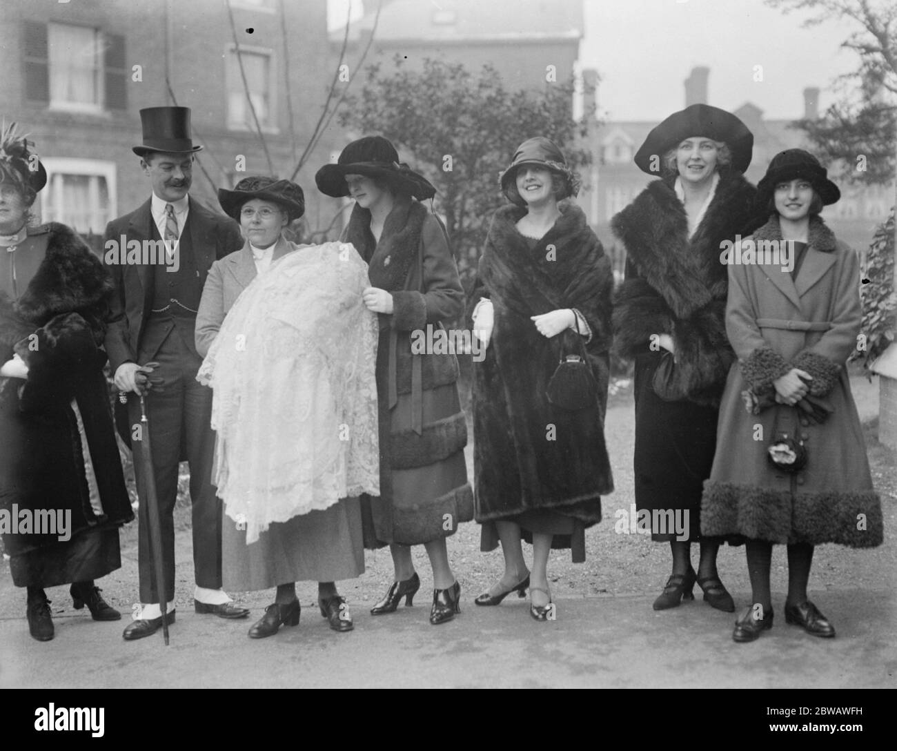 Major and Lady Moira Combe s little daughter was christened at Holy Trinity Church Windsor on Monday afternoon . Left to right , Lady Jane Combe , Major Combe , the nurse and baby , Lady Moira Combe , Hon Mrs Wilfred Egerton , Lady Clonmell and Lady Sheila Scott (Lady Moira's sister) 6 February 1922 maiden name - Lady Moira Estelle Nora Frances Scott ( daughter of Rupert Charles Scott, 7th Earl of Clonmell and his wife Rachel Berridge ) Major Henry Christian Seymour Combe Rachel Estelle Berridge , Lady Clonmell baby is Audrey Moulie Estelle Combe 6 February 1922 Stock Photo