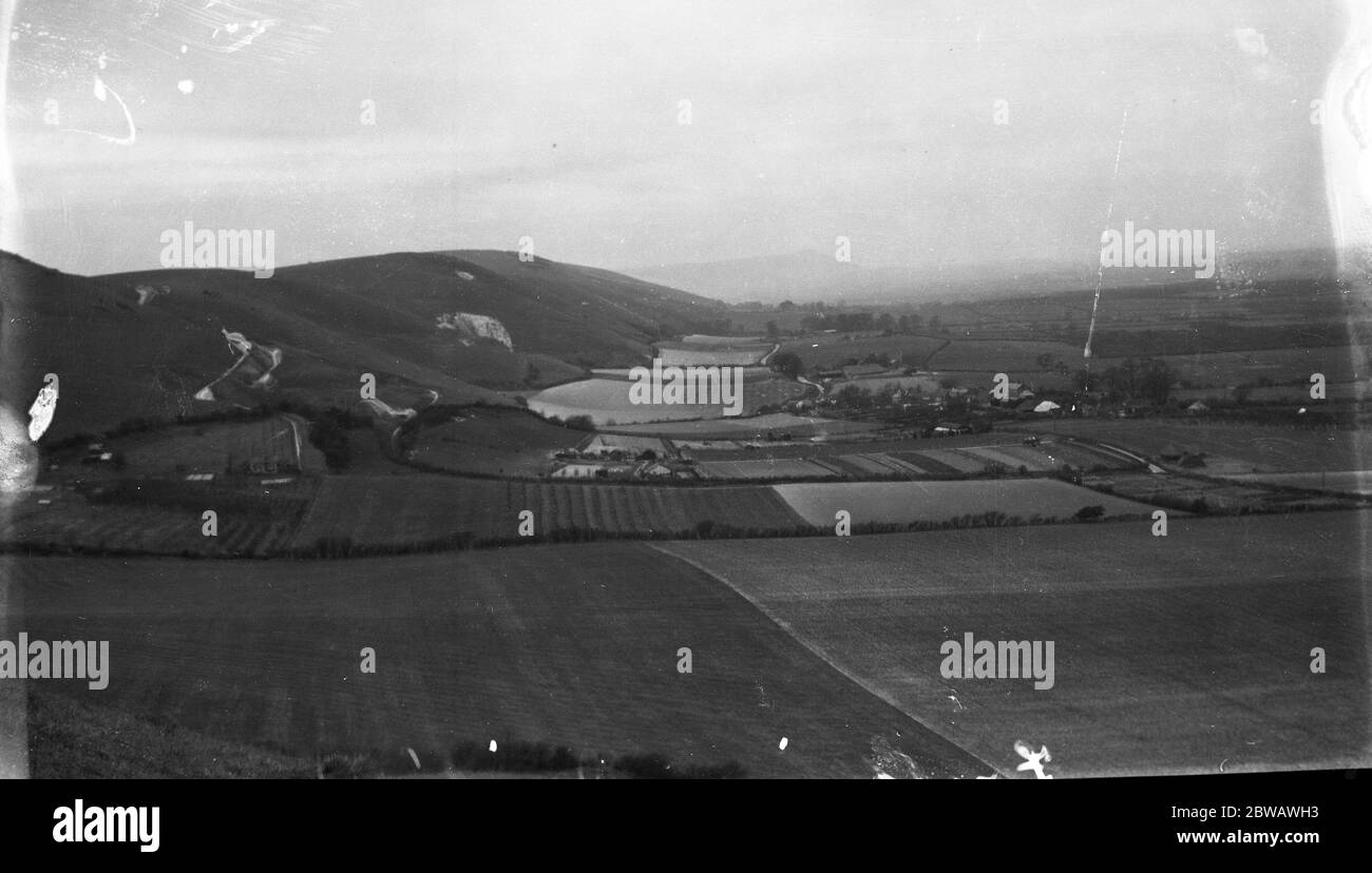 View over Devil ' s Dyke and Dyke Golf Club , Poynings , Sussex. The hills of the South Downs on the left of the picture . March 1931 Stock Photo