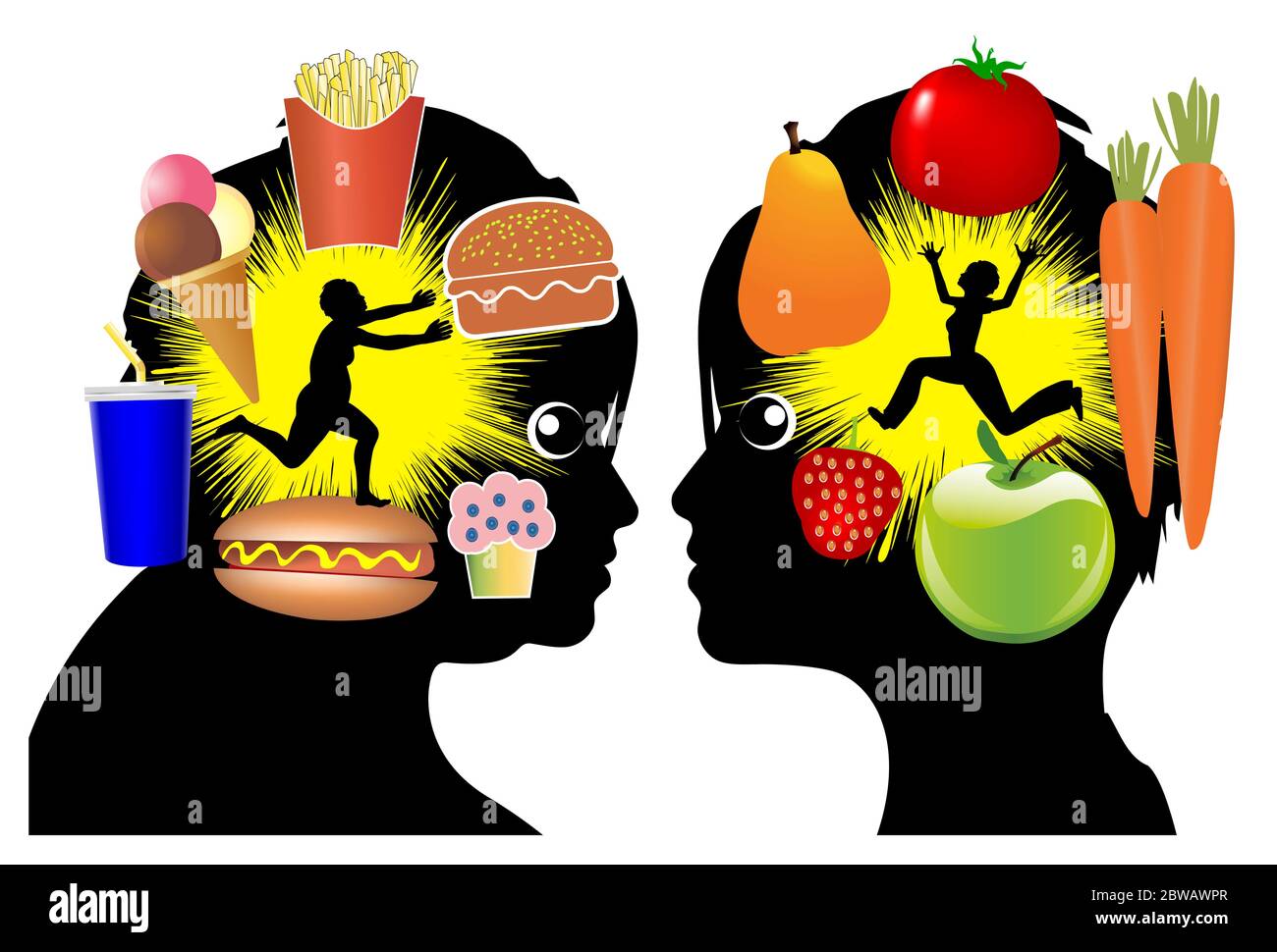 Eating desires change with weight loss, from unhealthy to health food. Stock Photo