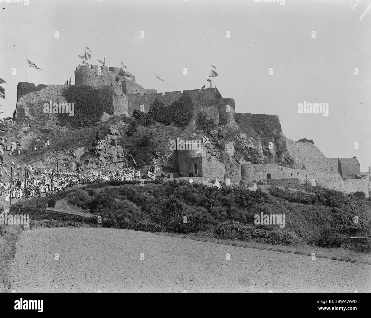 Royal Visit to Jersey the largest of the Channel Islands Mont Orgueil Castle 13 July 1921 Stock Photo