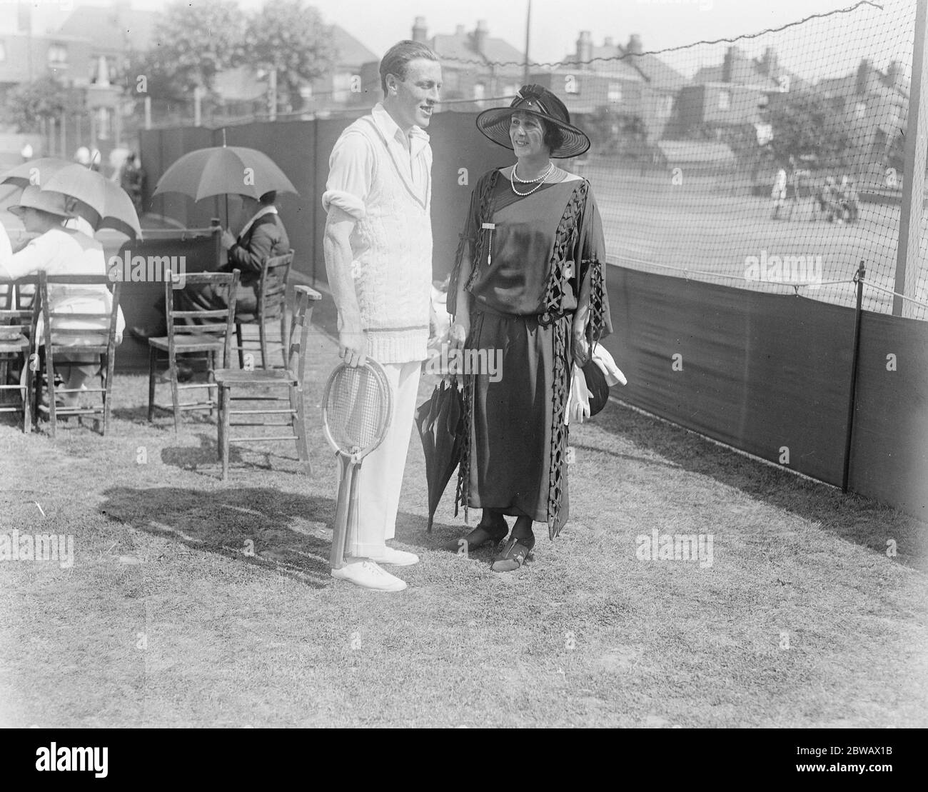 Italian Tennis Champion in London Tournament Mr Hl De Morpurgo and his wife at Stamford Hill London where he was playing in the Gypsy Lawn Tennis Open Tournament 6 June 1922 Stock Photo