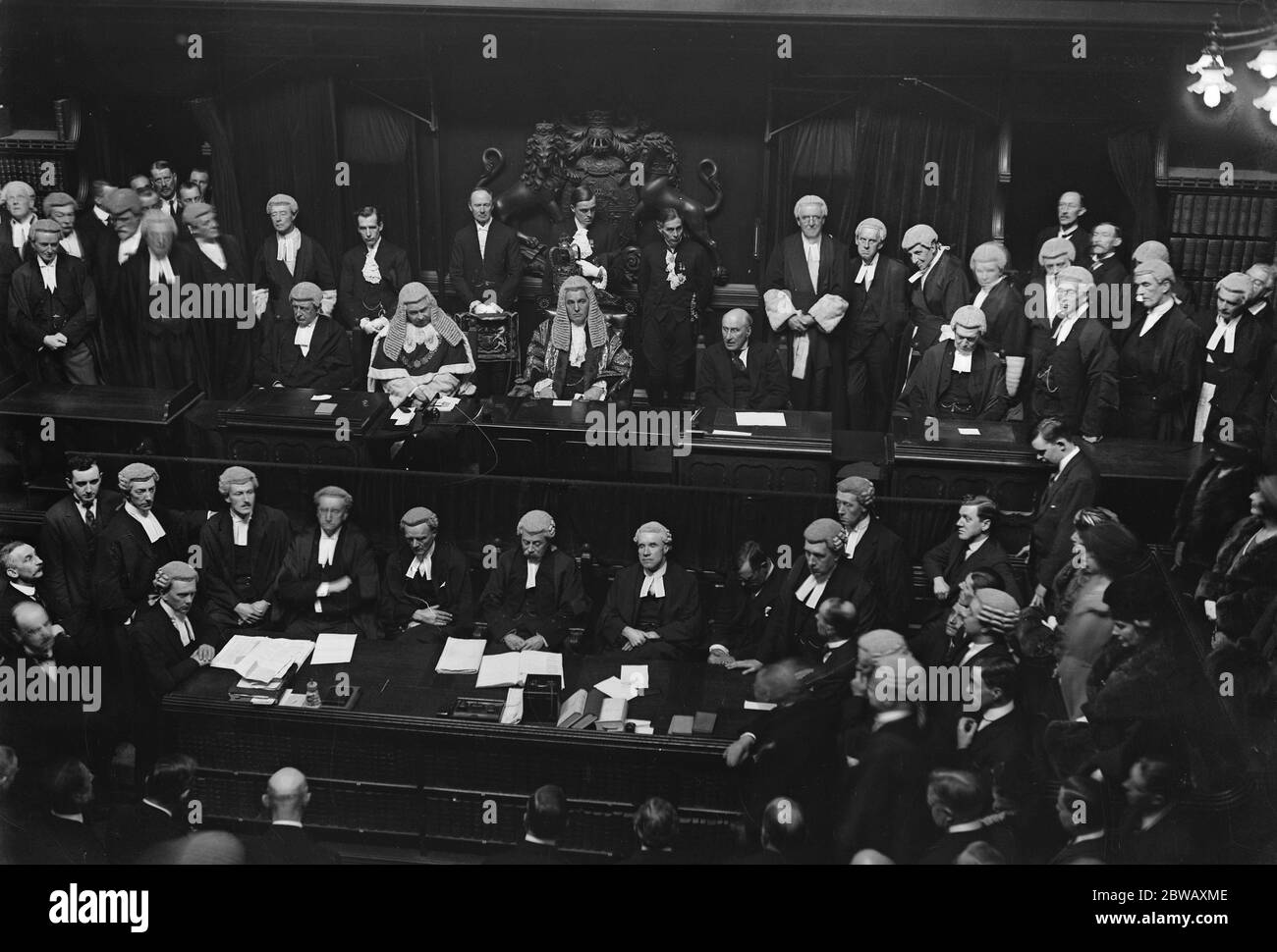 Lord Birkenhead , the Lord Chancellor , making his speech . Next to him is the Lord Chief Justice . On the right of Lord Birkenhead is the retiring Lord Chief Justice , Lord Tervethin . 8 March 1922 Stock Photo