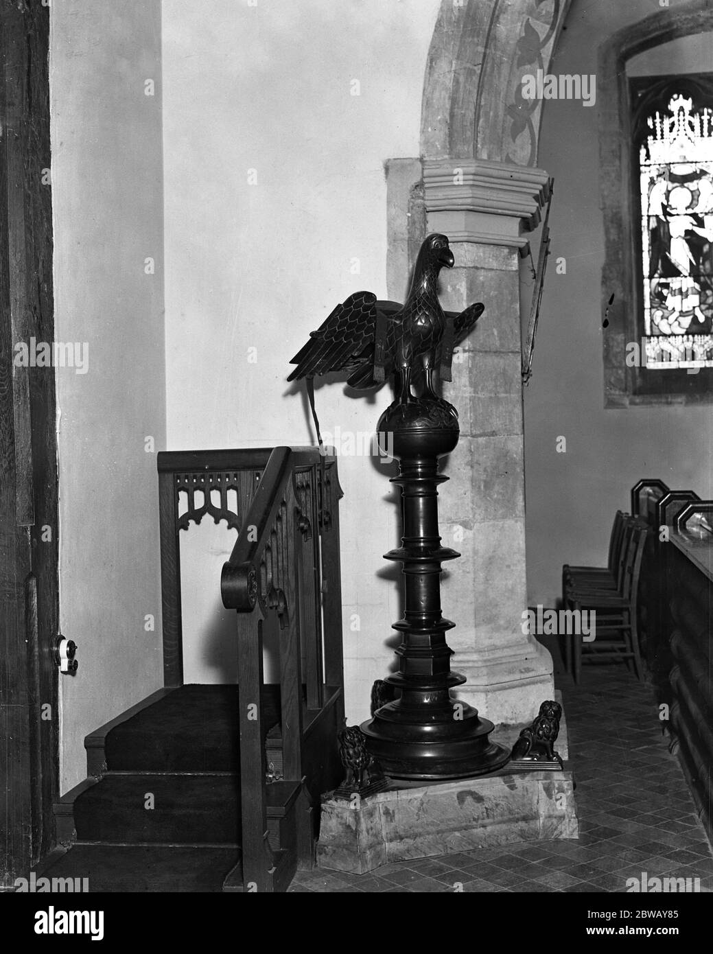 At St Stephen ' s Church , St Albans , this lectern , a fine specimen of 15th century Flemish metal work , has been standing for over 400 years . It is claimed by the city of Edinburgh , basing its claim on the supposition that it was taken from the Abbey at Holyrood by Sir Richard Lee , an officer of the Earl of Hertford , who was entrusted by Henry VIII to destroy Edinburgh in 1544 . St Stephen ' s suggest that the lectern was the gift of the Bishop of Dunkeld , Abbot of Holyrood , early in the 16th century . Stock Photo